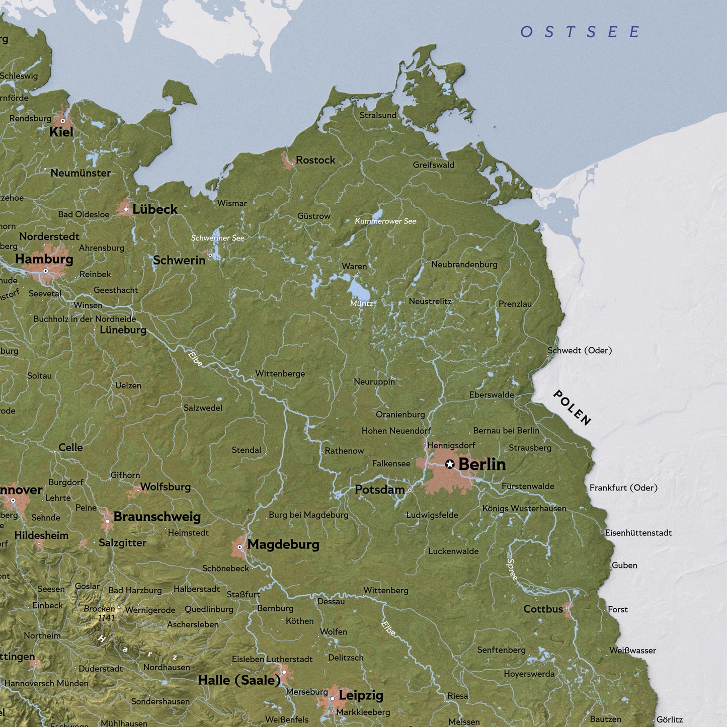 Shaded Relief Map of Germany (50x70cm)