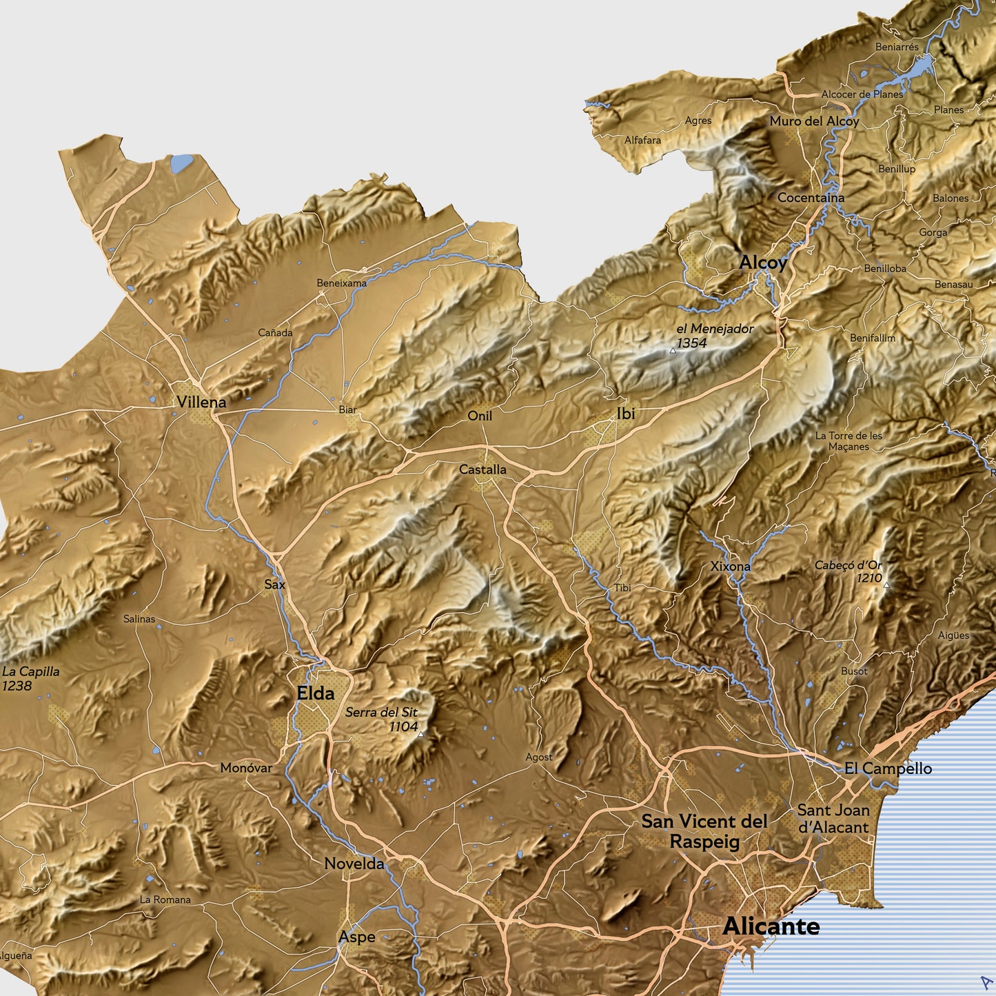 Shaded relief map of Alicante, Spain (50x70 cm)