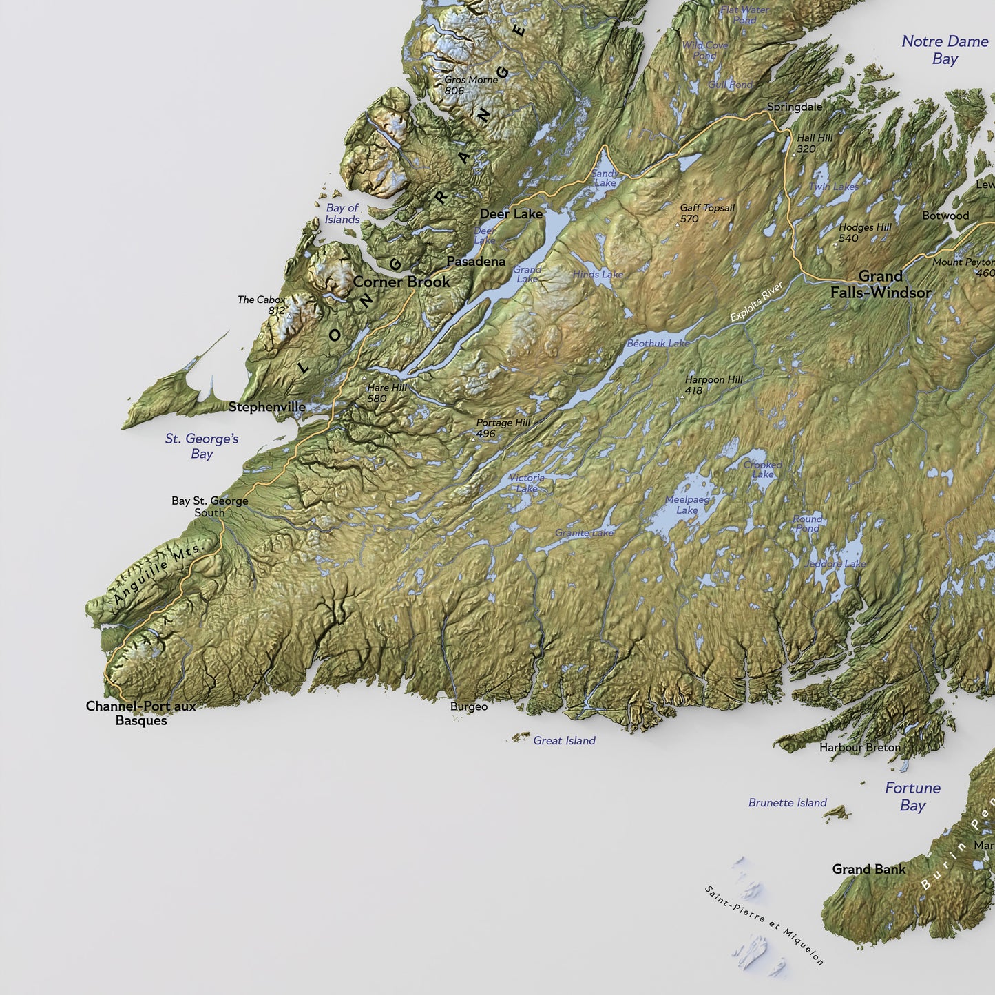 Shaded relief map of Newfoundland Island