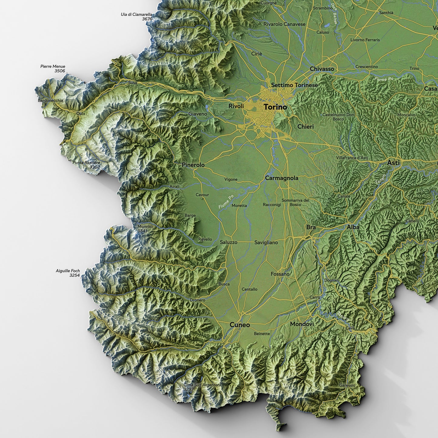 Shaded relief map of Piemonte