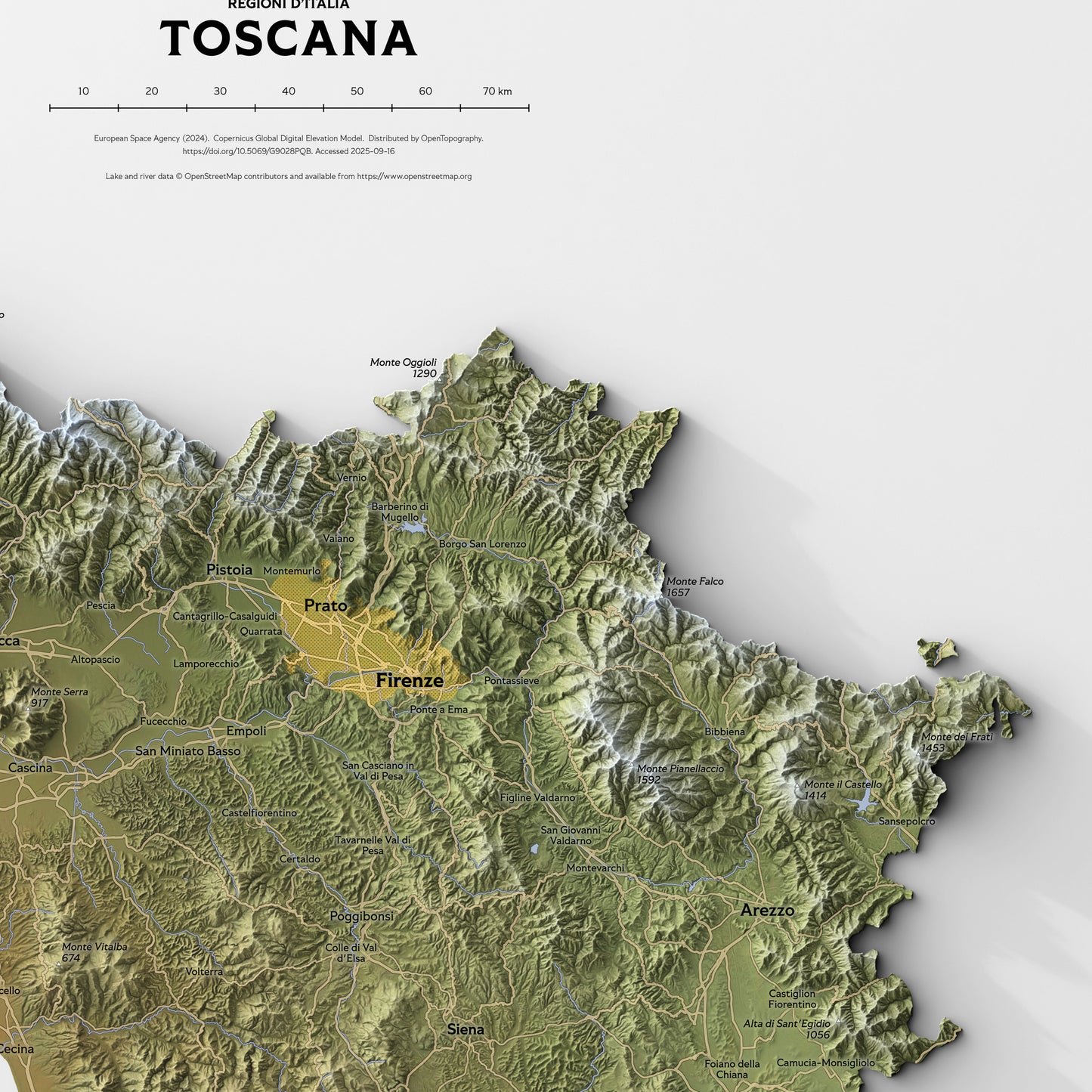 Shaded relief map of Toscana