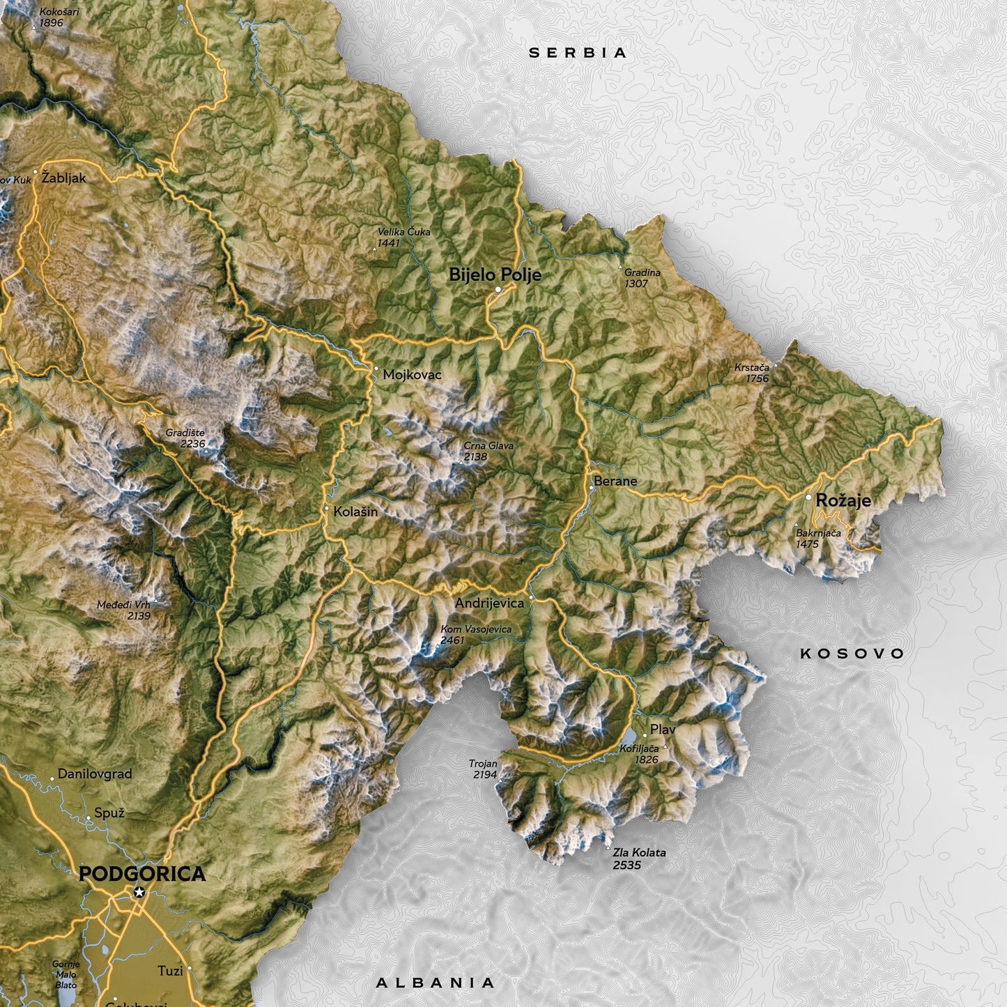 Shaded relief map of Montenegro (50x70 cm)