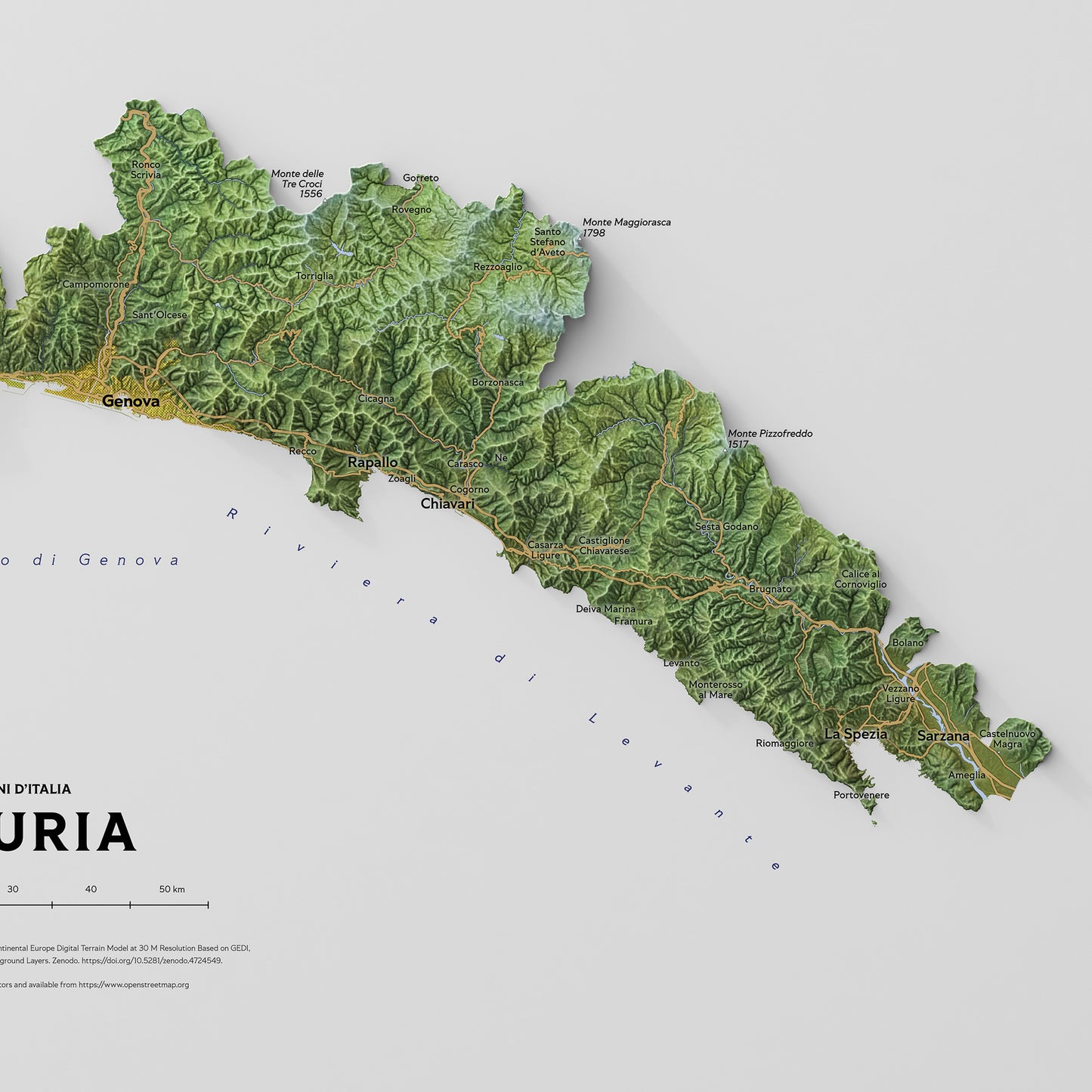Shaded relief map of Liguria