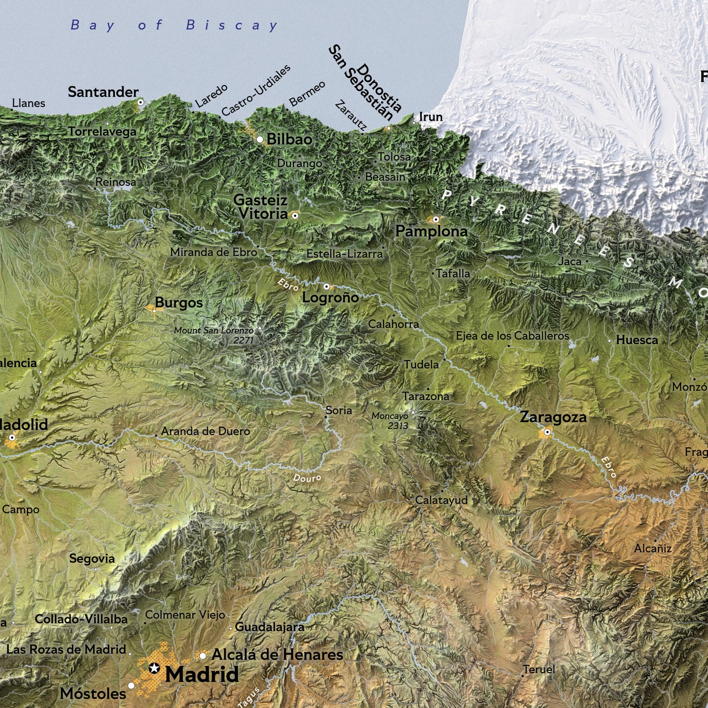 Shaded relief map of Spain (70x50 cm)