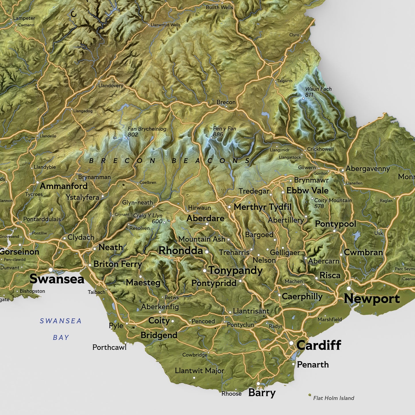Shaded relief map of Wales (50x70 cm)