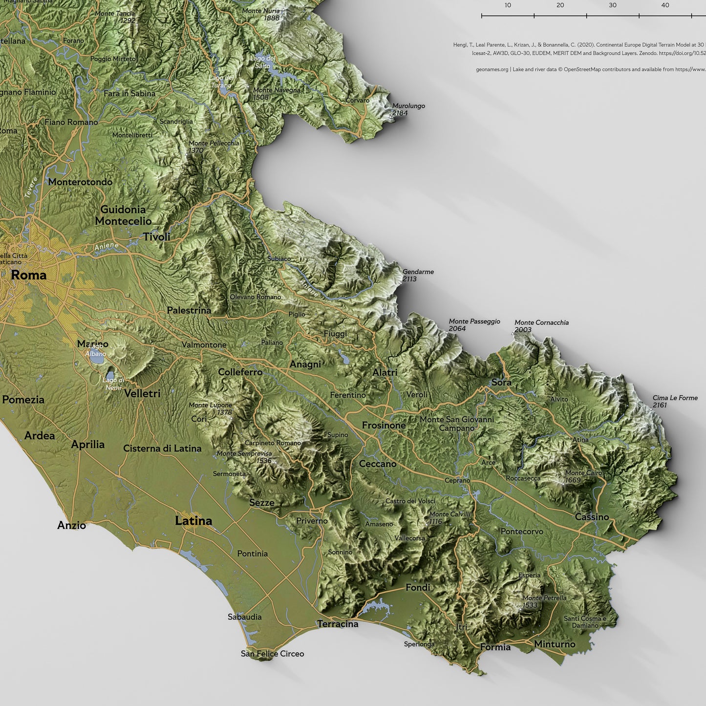Shaded relief map of Lazio