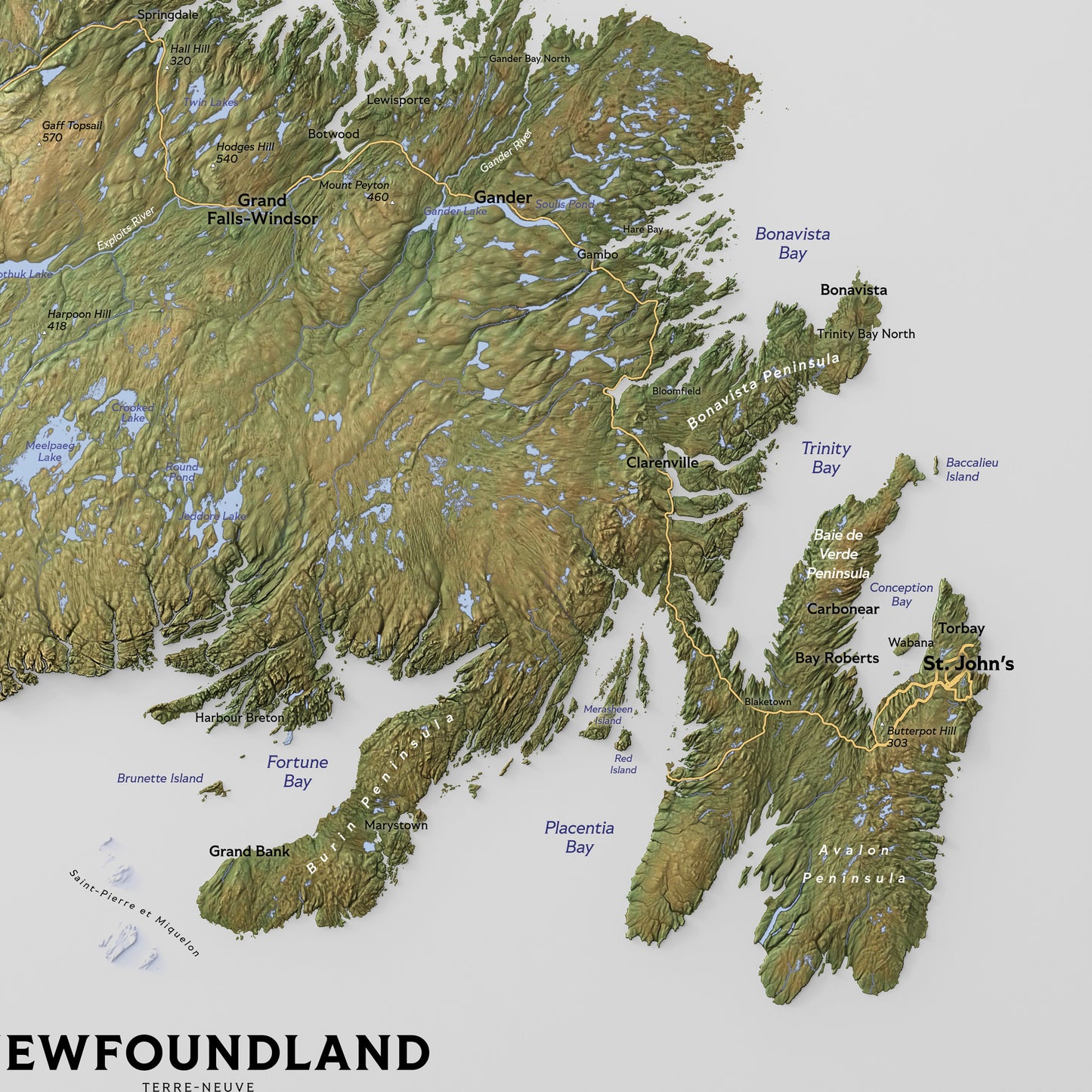 Shaded relief map of Newfoundland Island