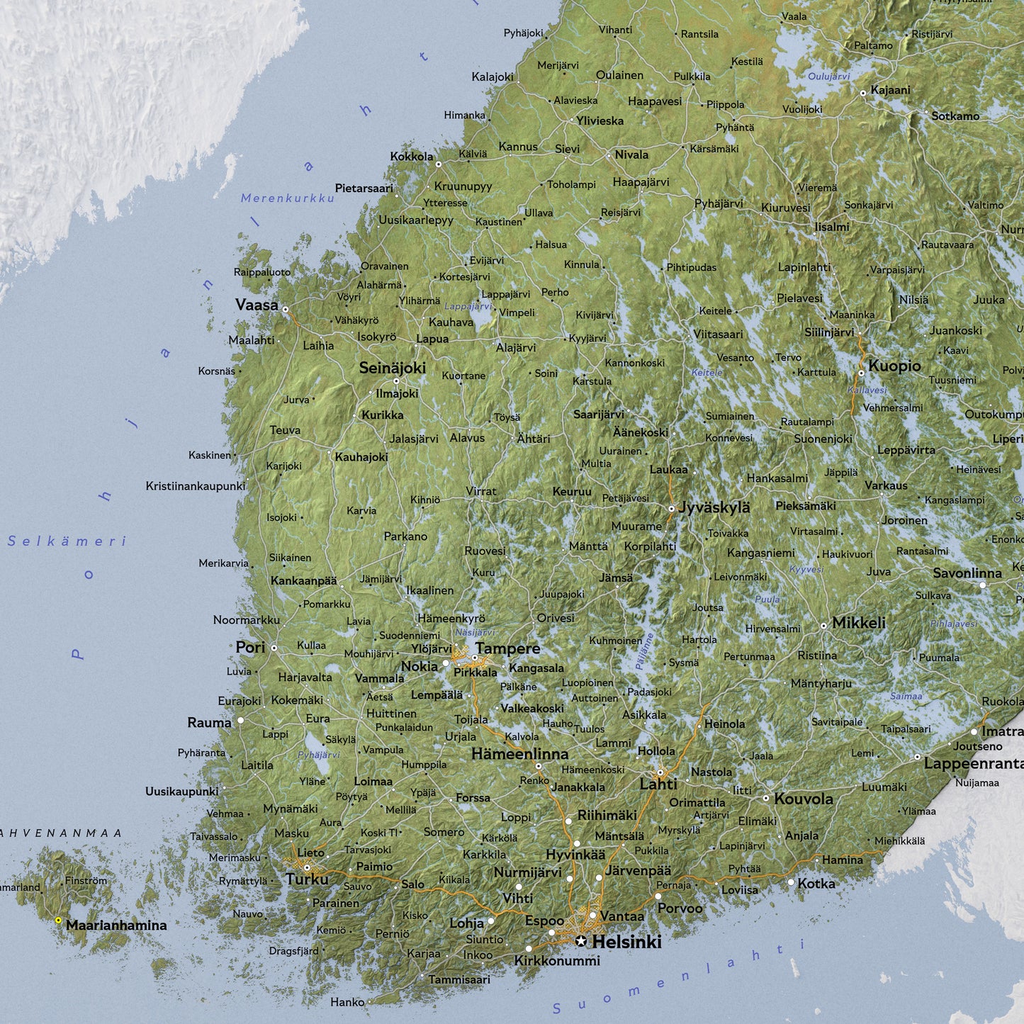 Shaded relief map of Finland