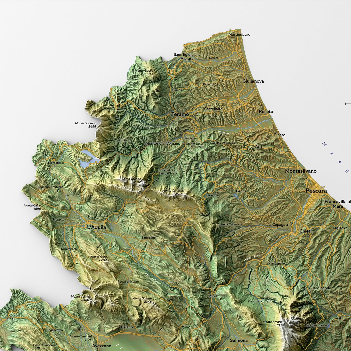 Shaded relief map of Abruzzo