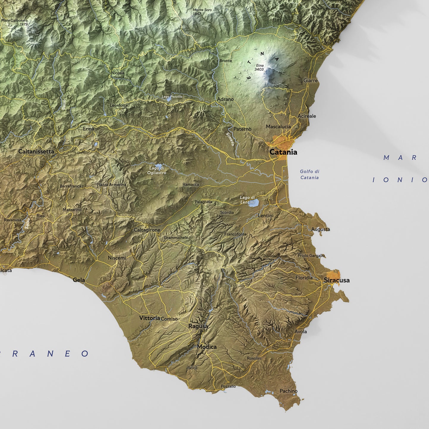 Shaded relief map of Sicily