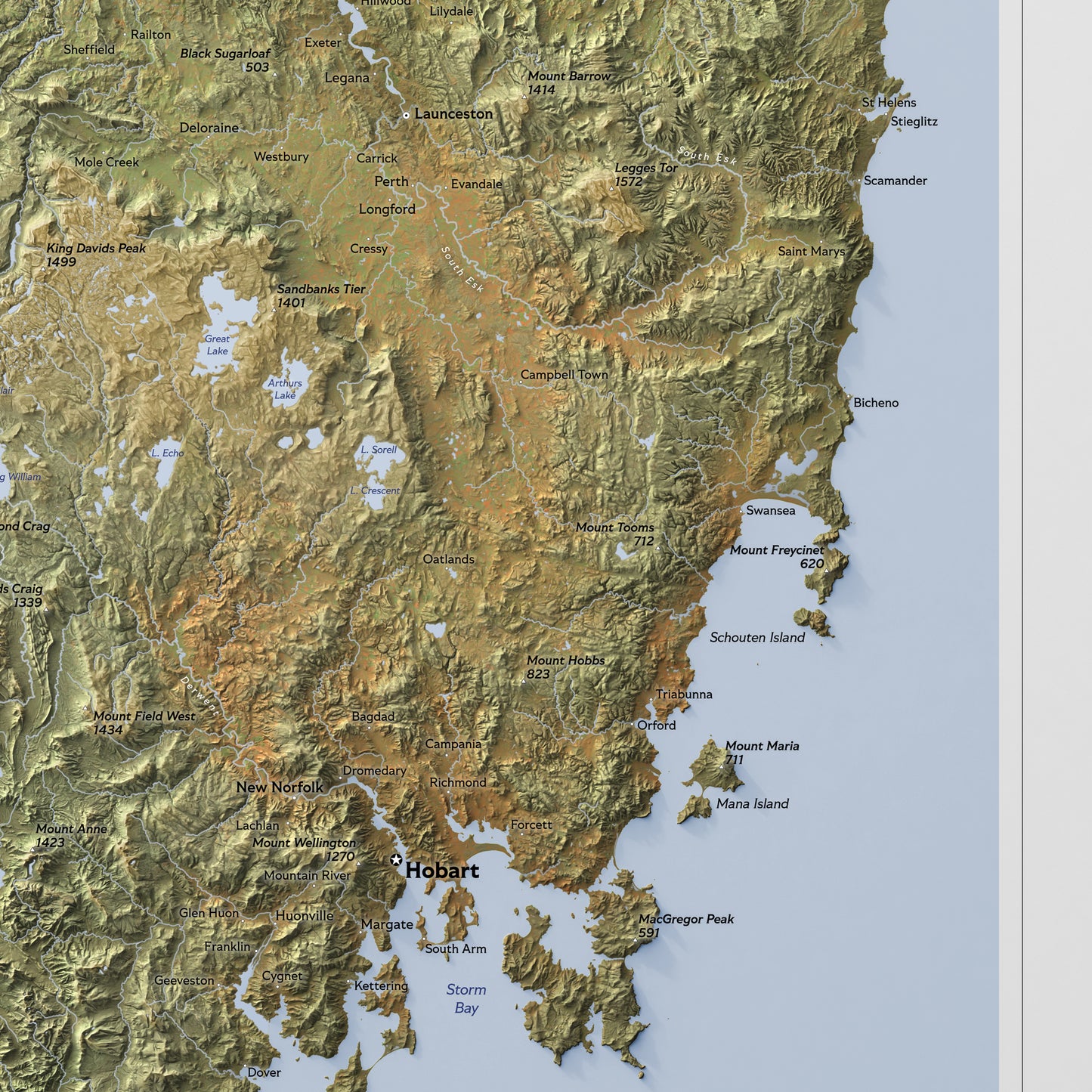 Shaded relief map of Tasmania (50x70 cm)