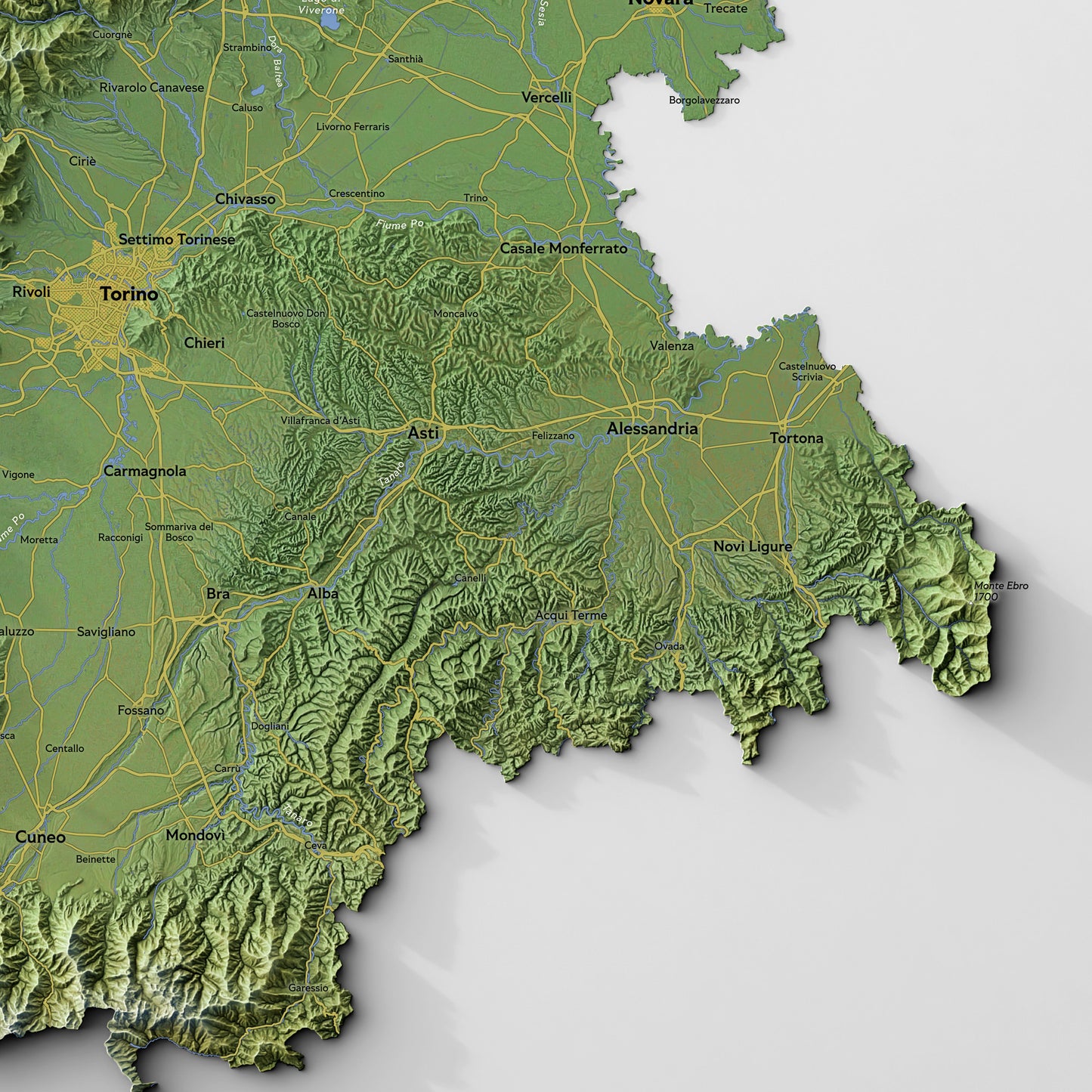 Shaded relief map of Piemonte