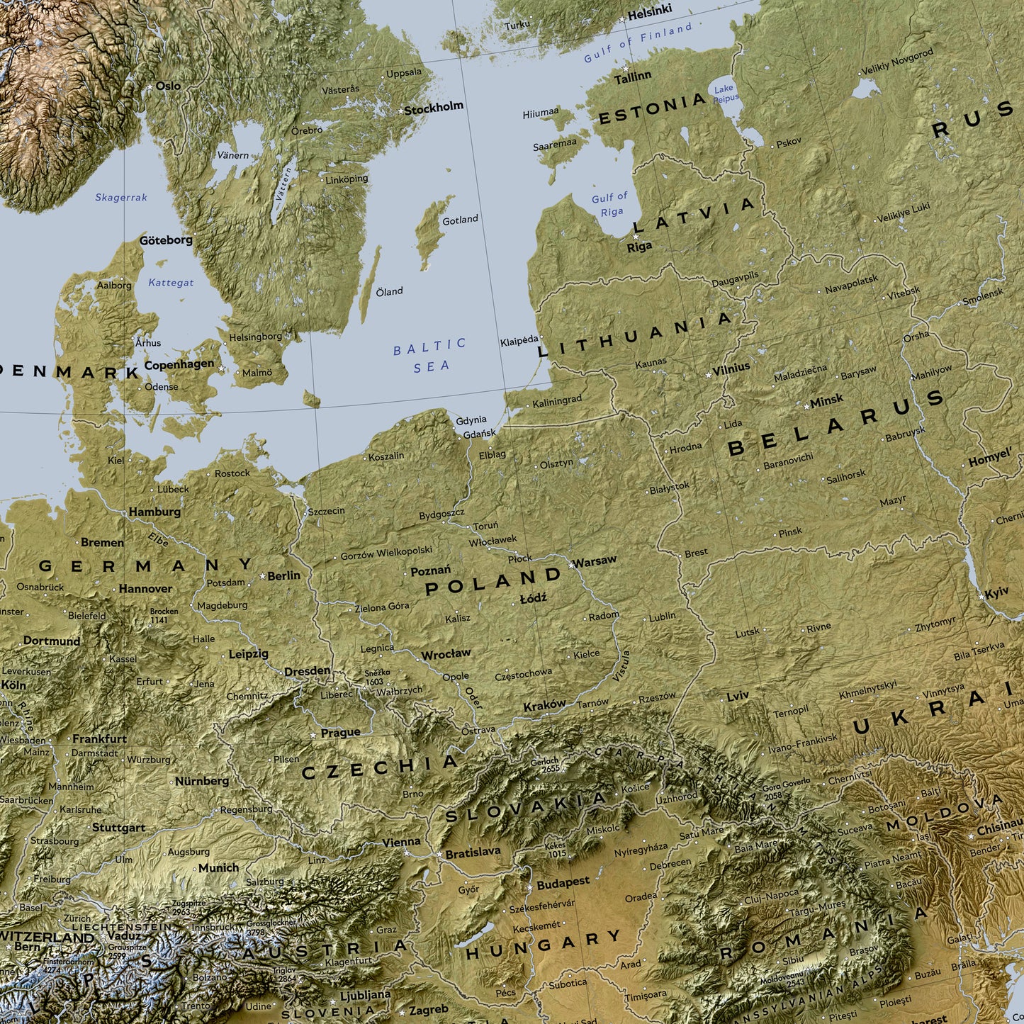 Shaded relief map of Europe (70x100 cm)
