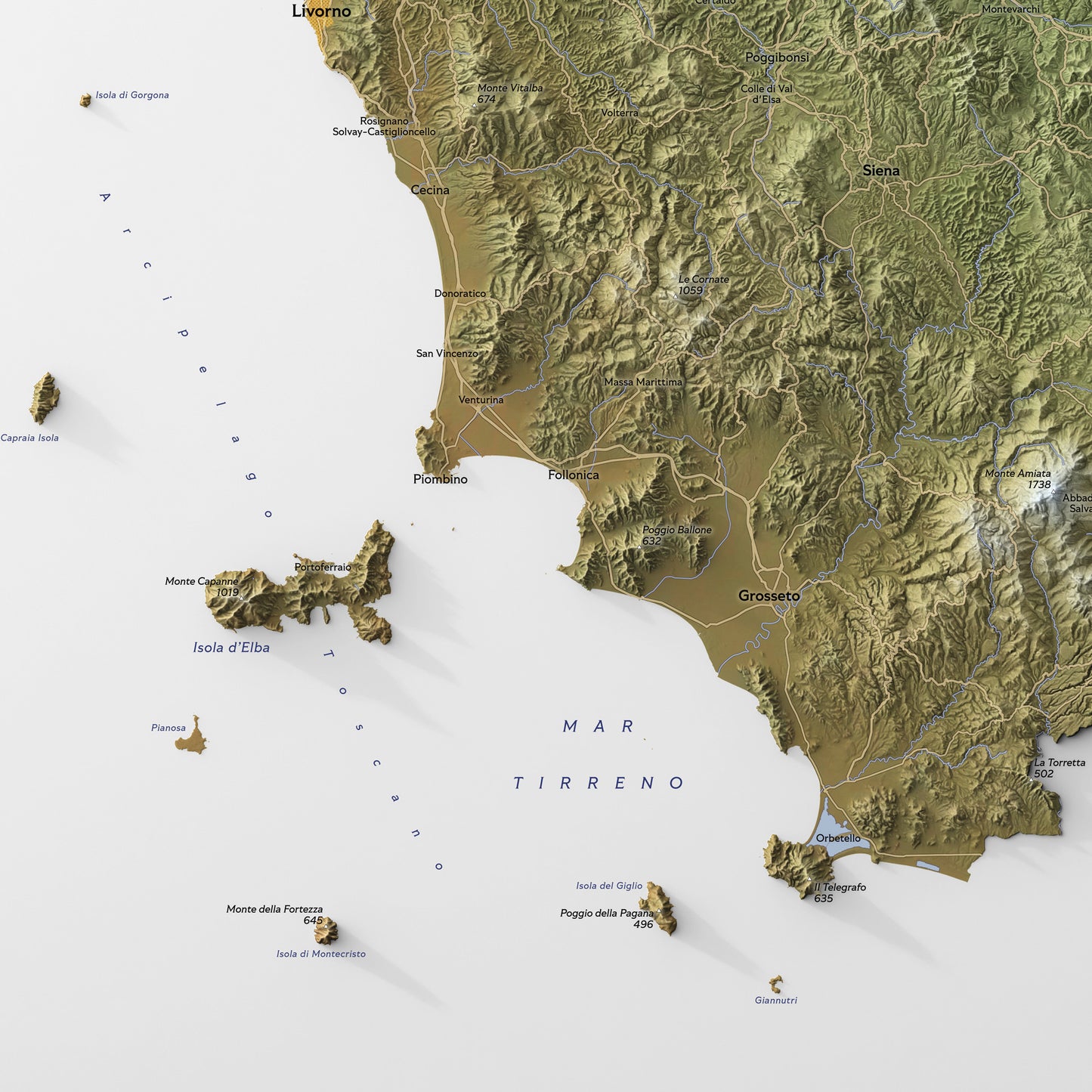 Shaded relief map of Toscana