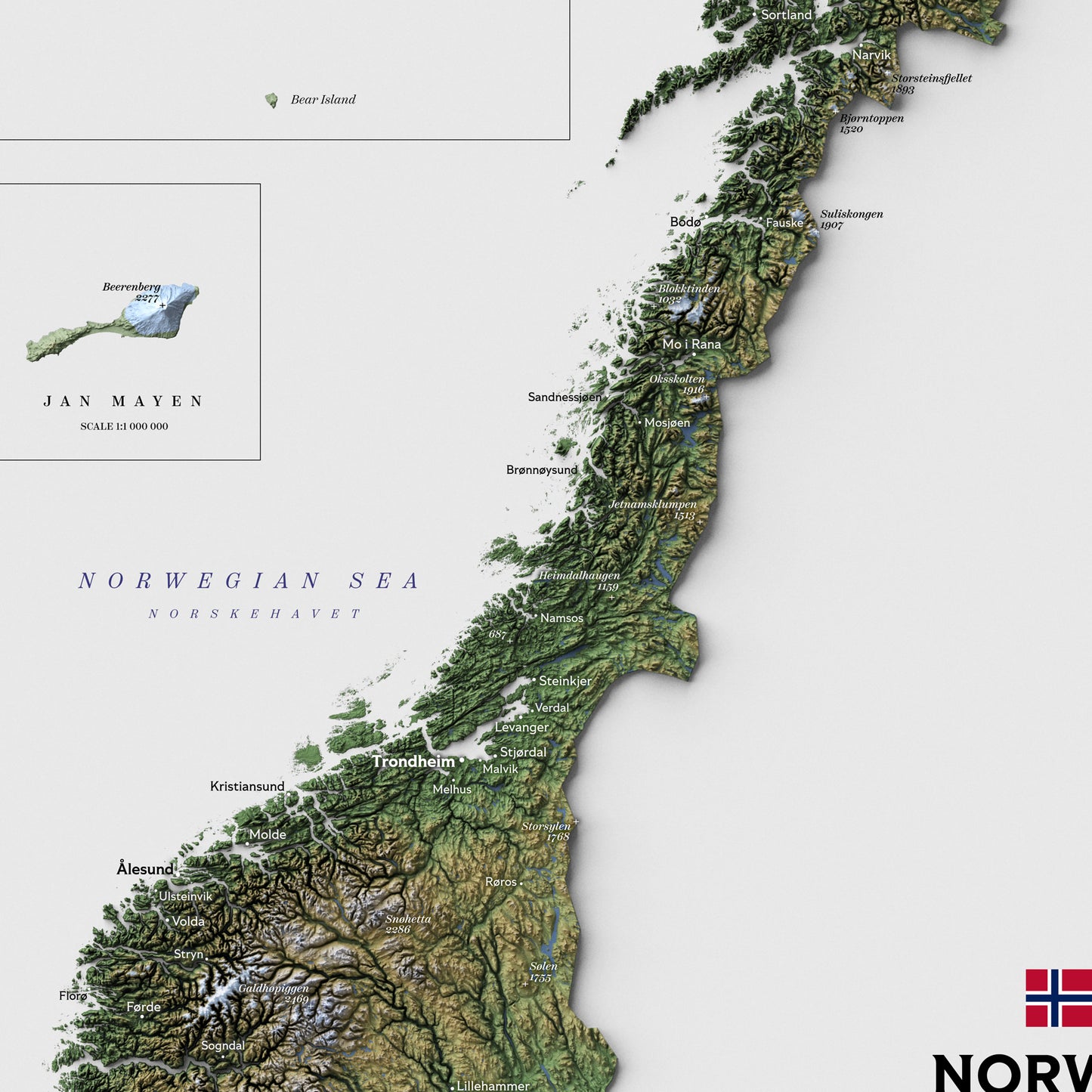 Shaded relief map of Norway (50x70 cm)
