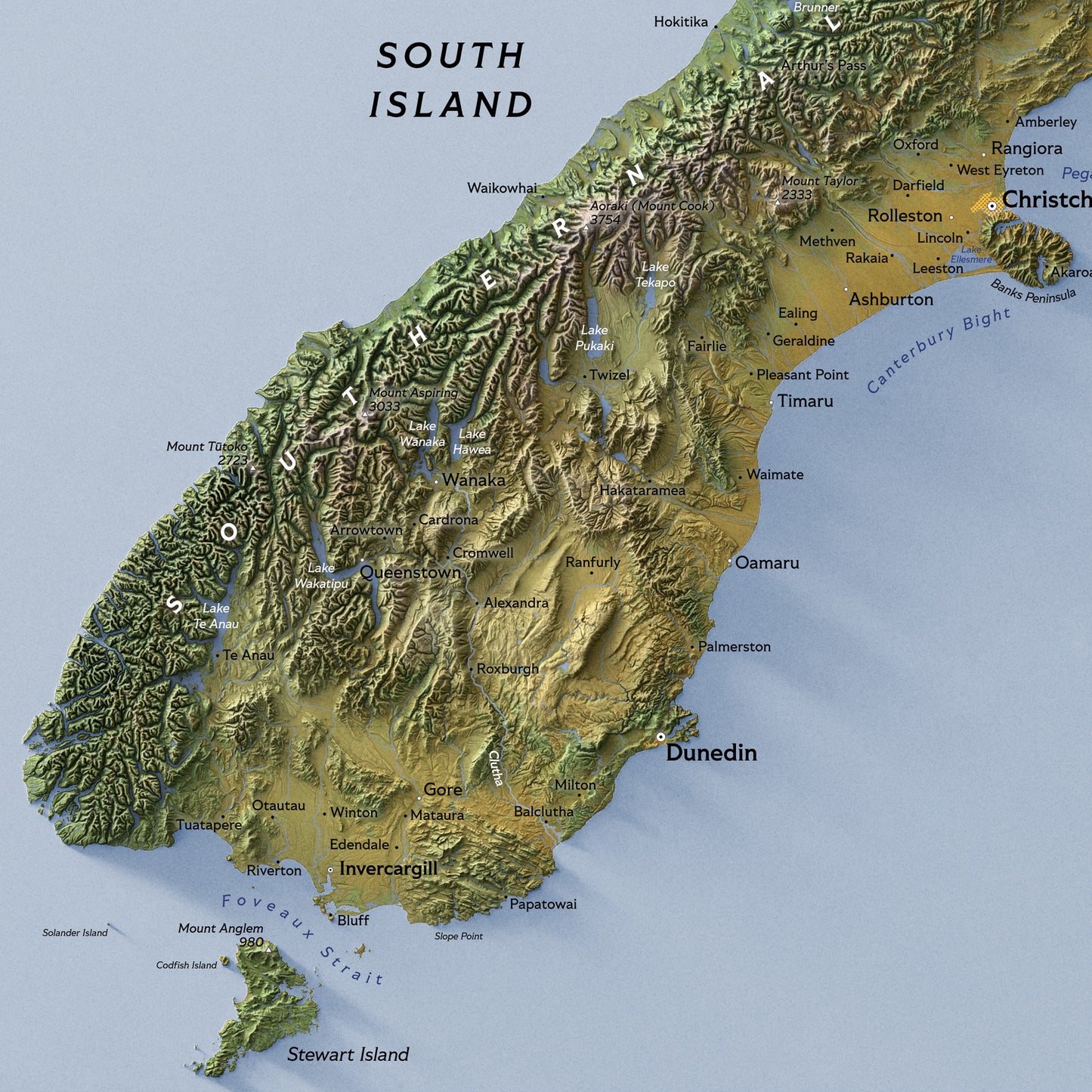 Shaded relief map of New Zealand (50x70 cm)