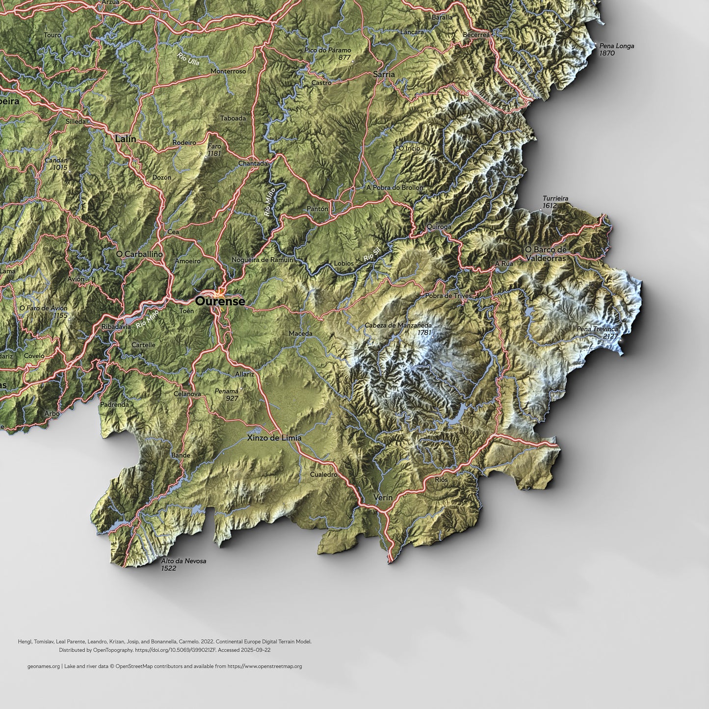 Shaded relief map of Galicia