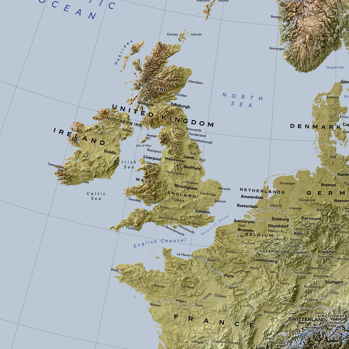 Shaded relief map of Europe (70x100 cm)