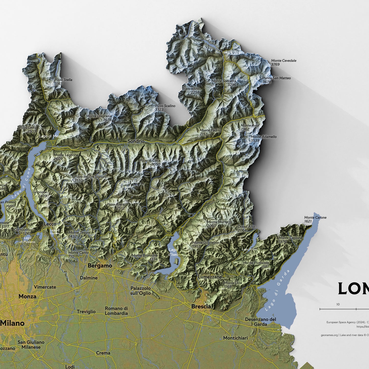 Shaded relief map of Lombardia