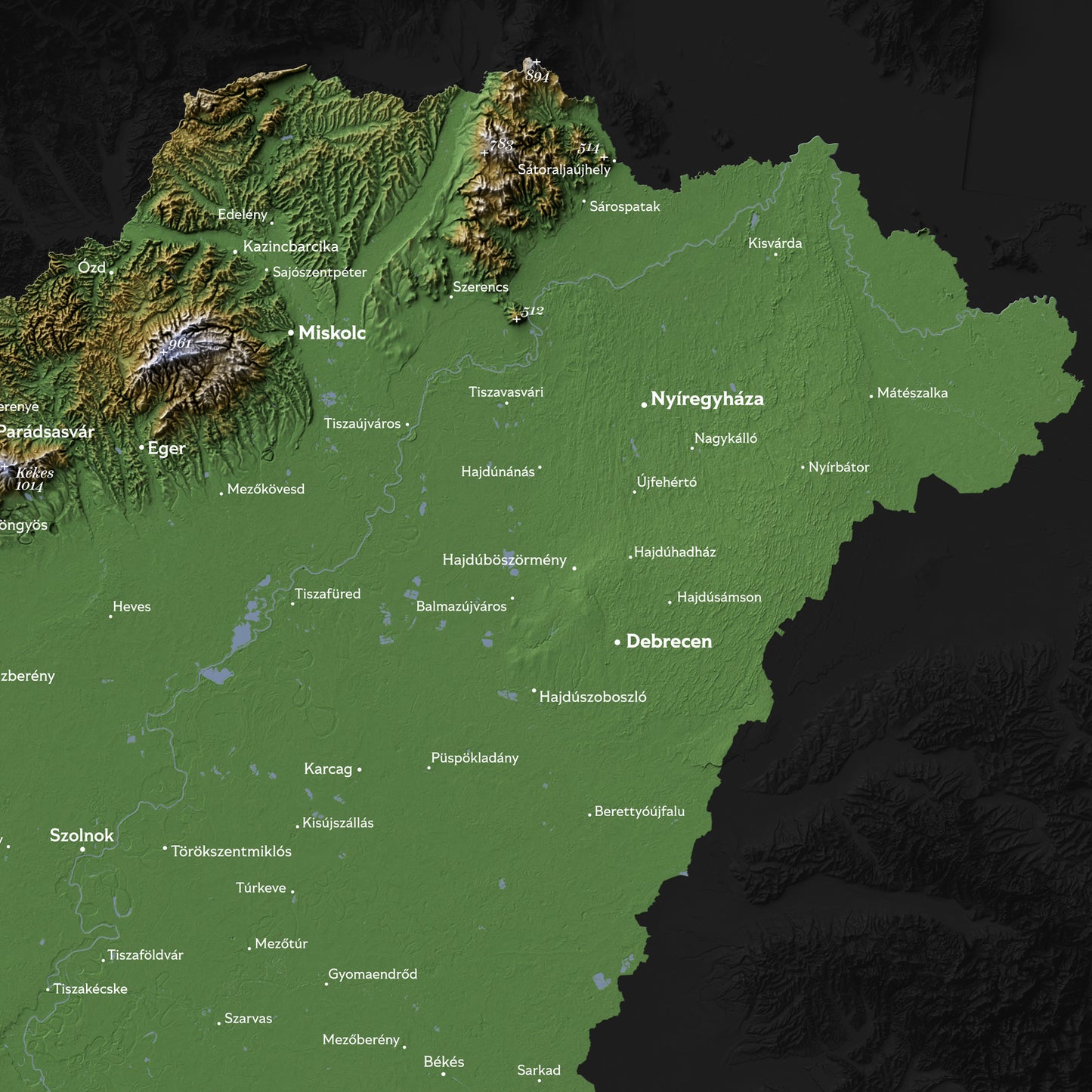 Hungary Topographic Relief Map – Dark Edition Wall Art (2D Print)