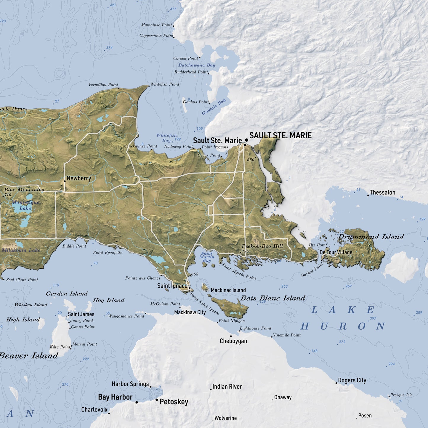 Shaded relief map of Upper Peninsula, Michigan (24x18 inches)