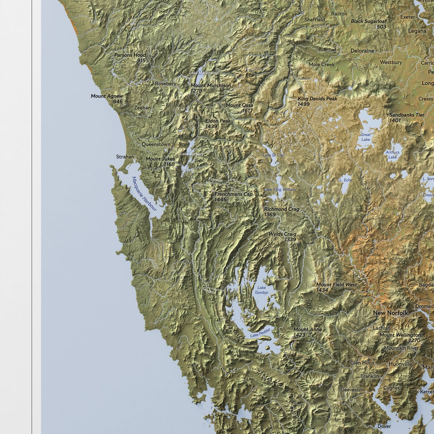 Shaded relief map of Tasmania (50x70 cm)