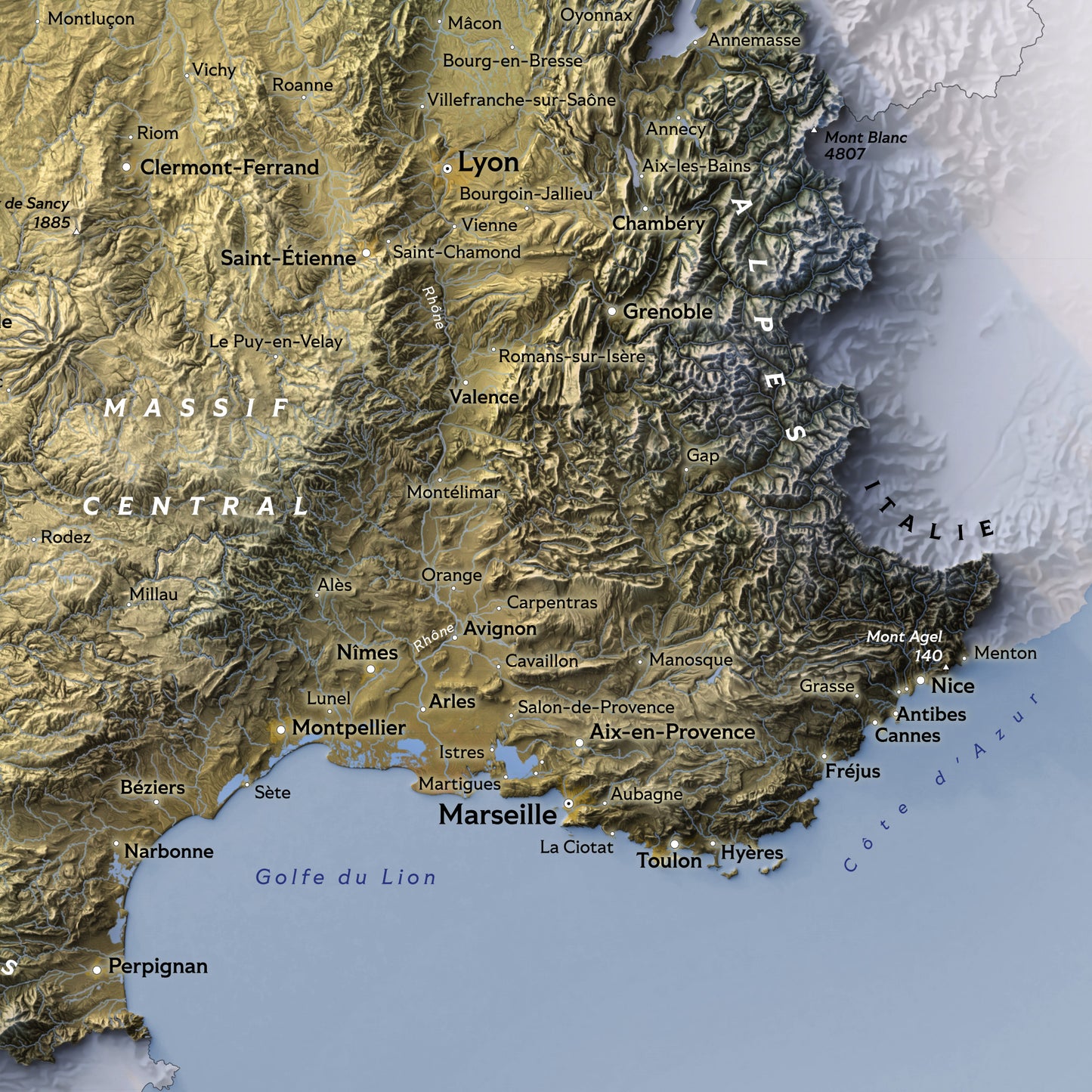 Shaded Relief Map of Metropolitan France (70x50 cm)