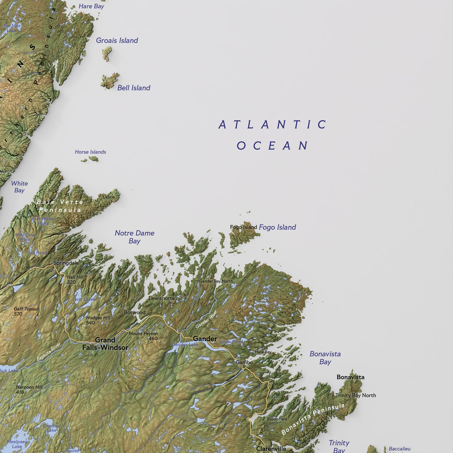 Shaded relief map of Newfoundland Island