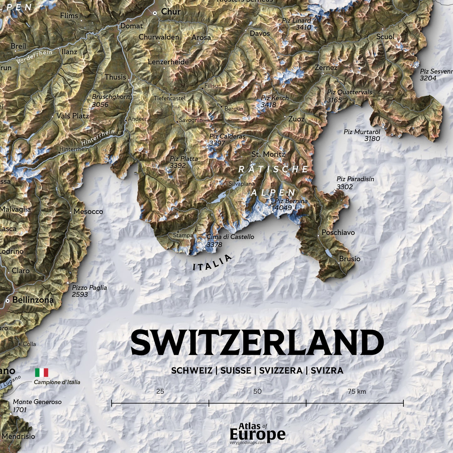 Shaded relief map of Switzerland (70x50 cm)