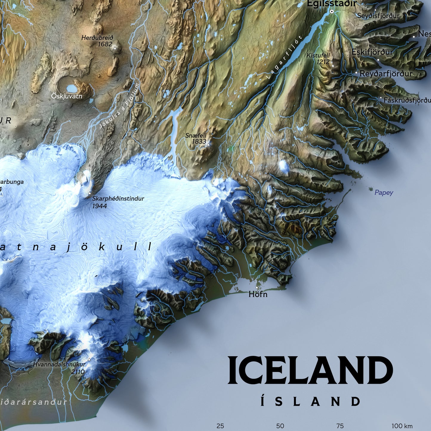 Shaded relief map of Iceland (70x50 cm)