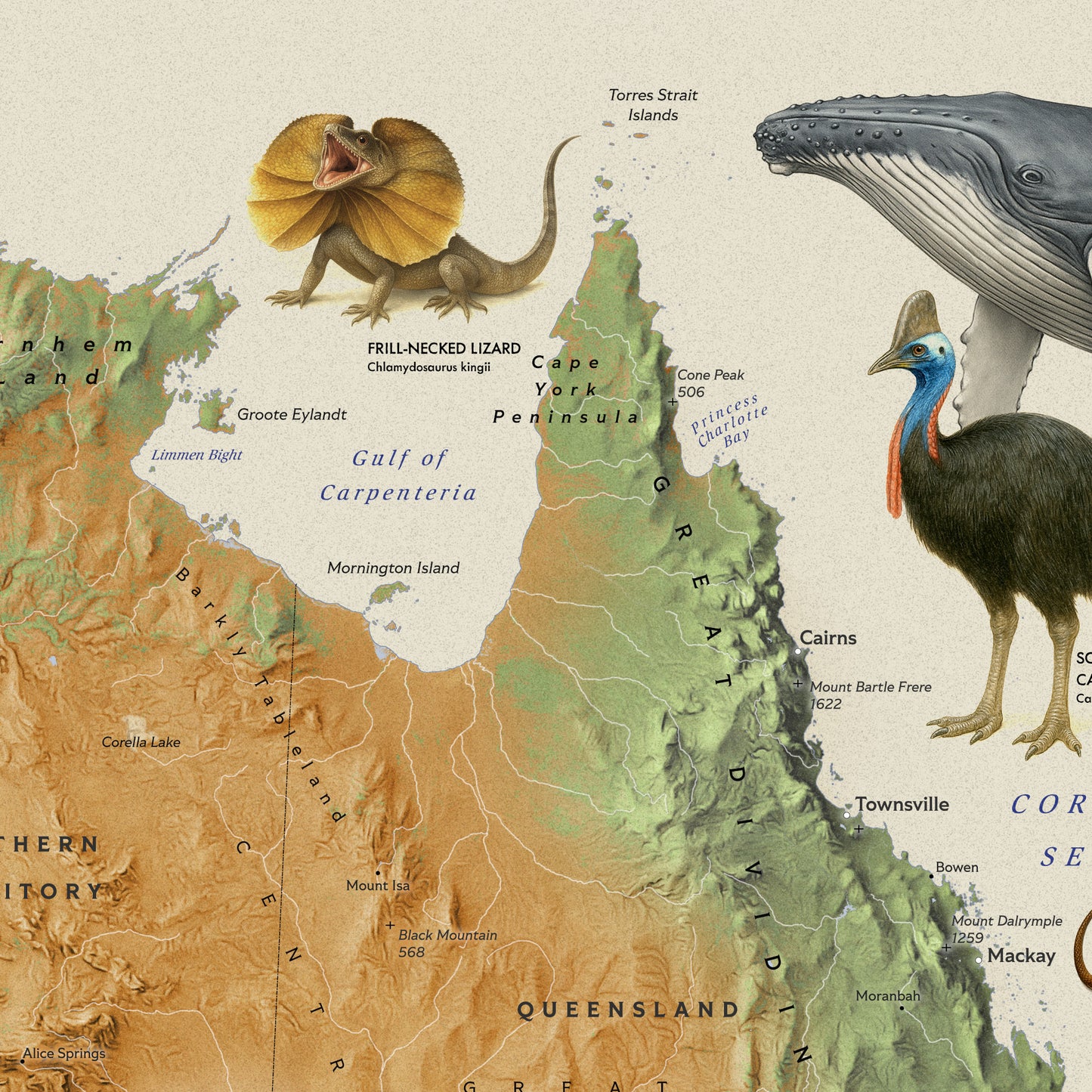 Australia — Shaded Relief Map with Native Wildlife (70×50 cm)