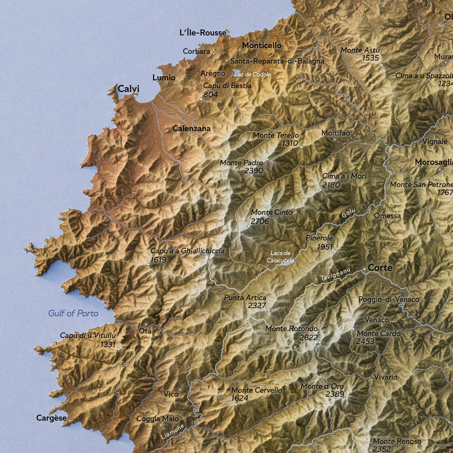 Shaded relief map of Corsica (50x70 cm)