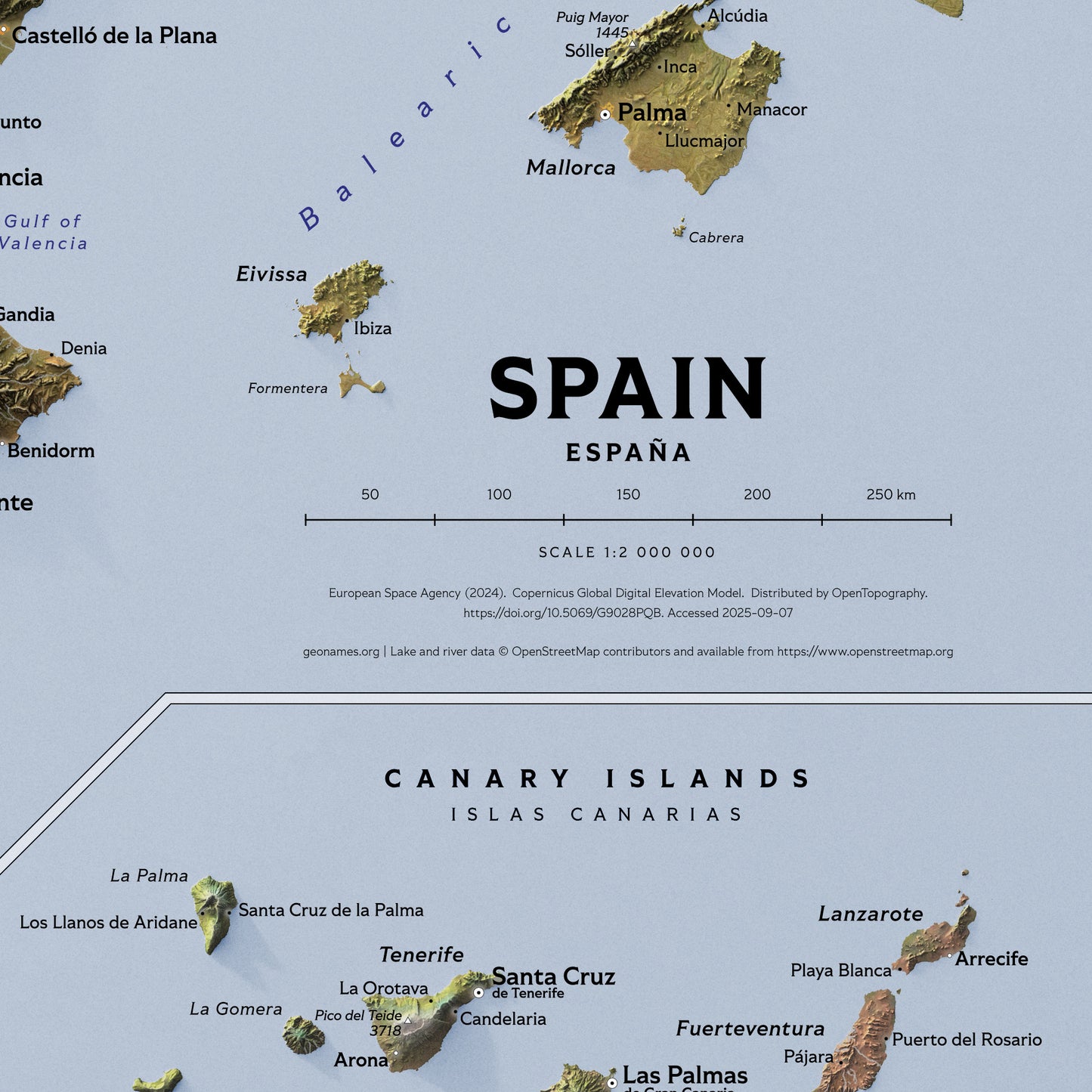 Shaded relief map of Spain (70x50 cm)