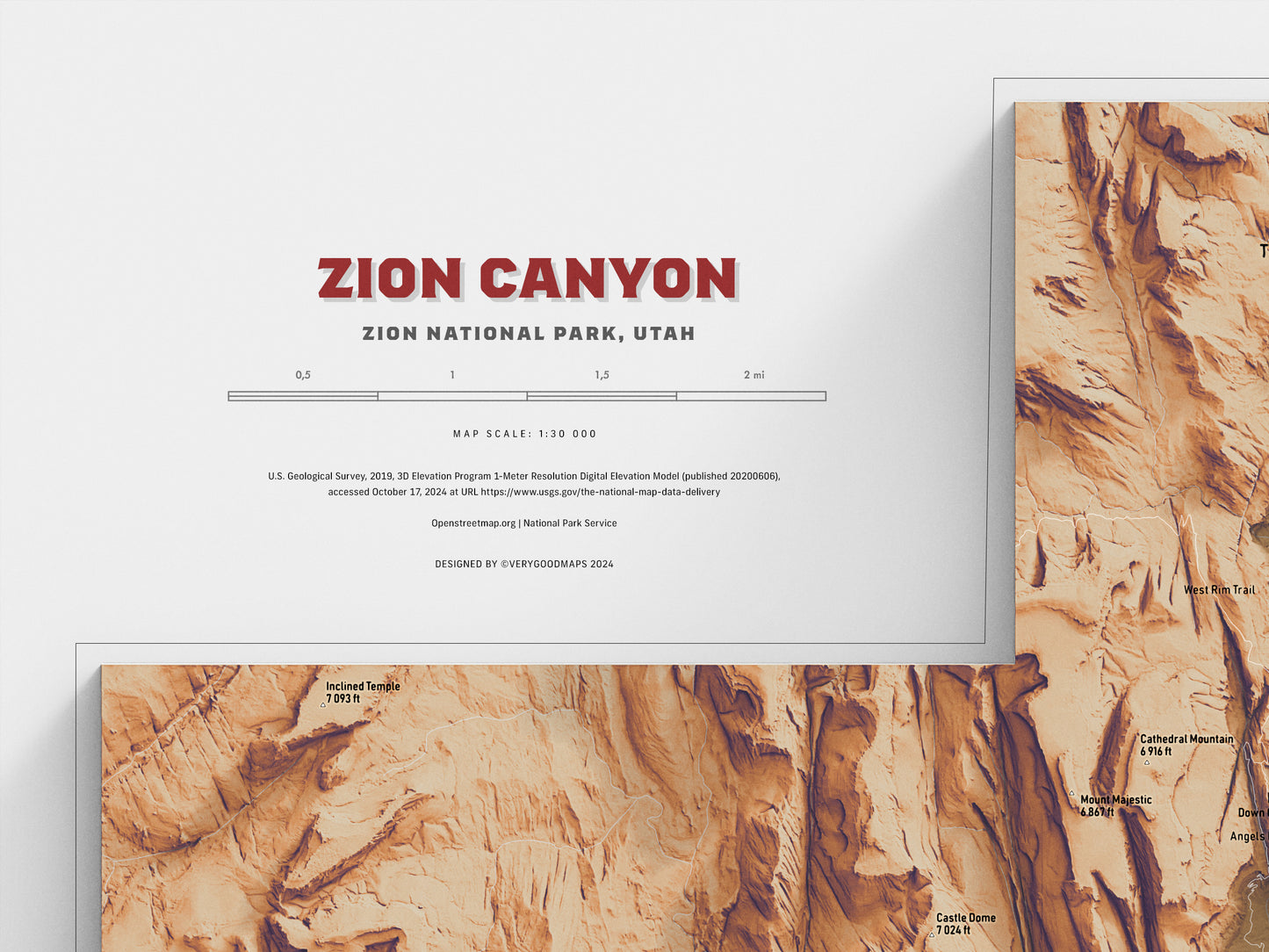 Zion Canyon Map Print – 18x24” Shaded Relief