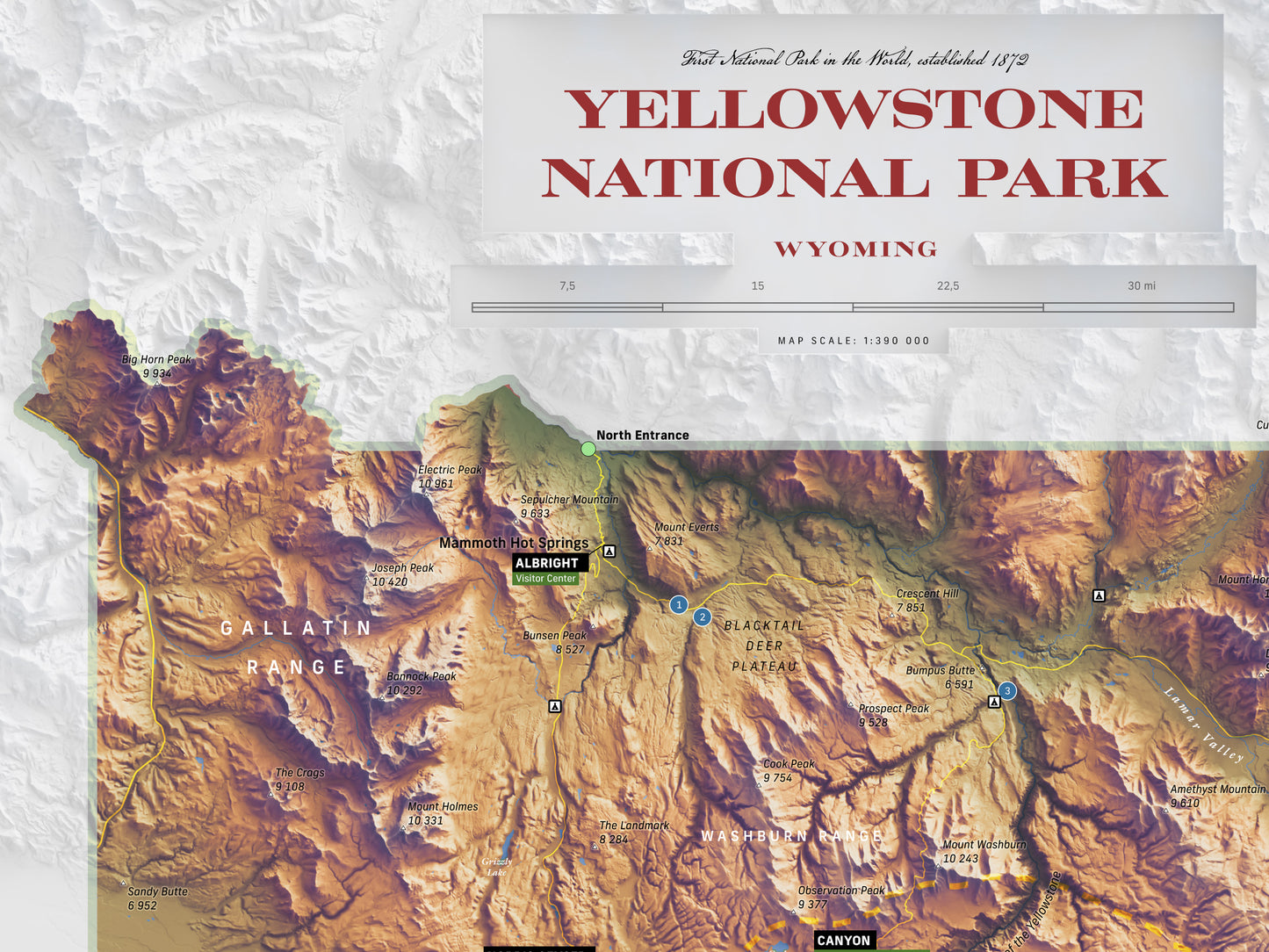 Yellowstone National Park Map Print – 18x24” Shaded Relief
