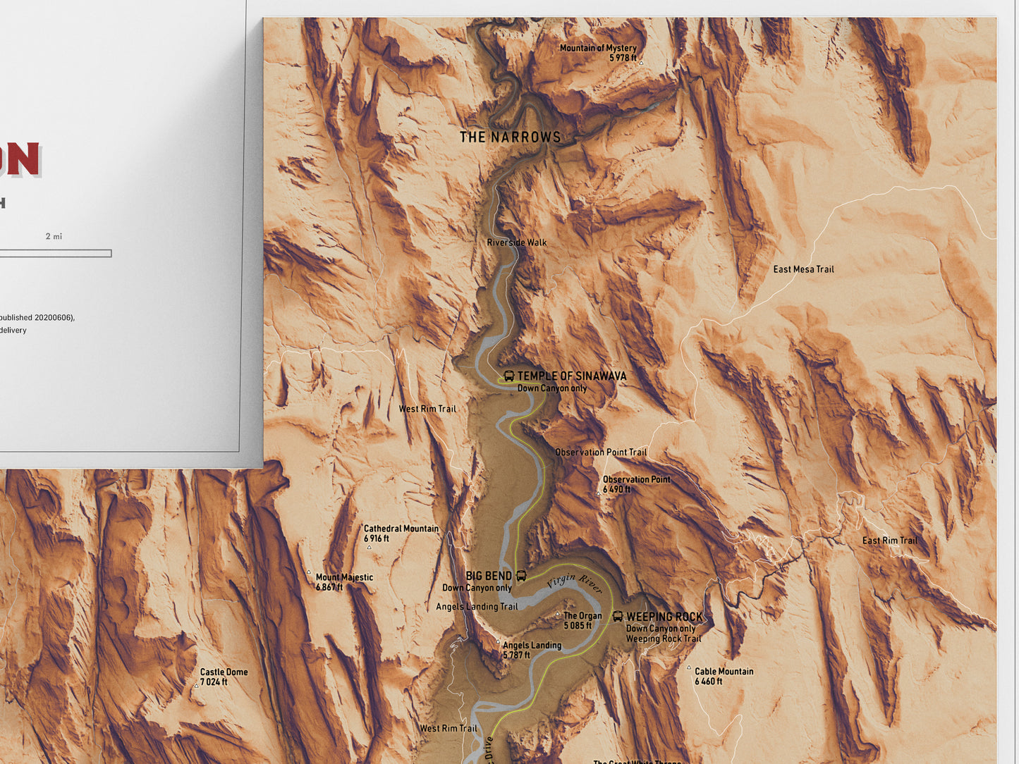 Zion Canyon Map Print – 18x24” Shaded Relief