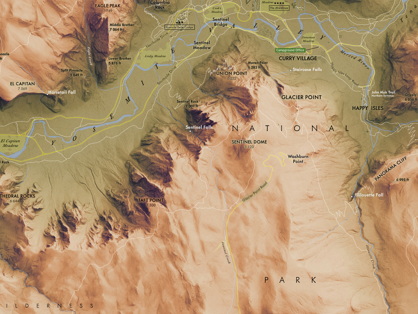 Yosemite Valley Map Print – 24x18” Shaded Relief