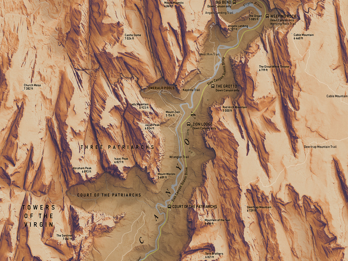 Zion Canyon Map Print – 18x24” Shaded Relief