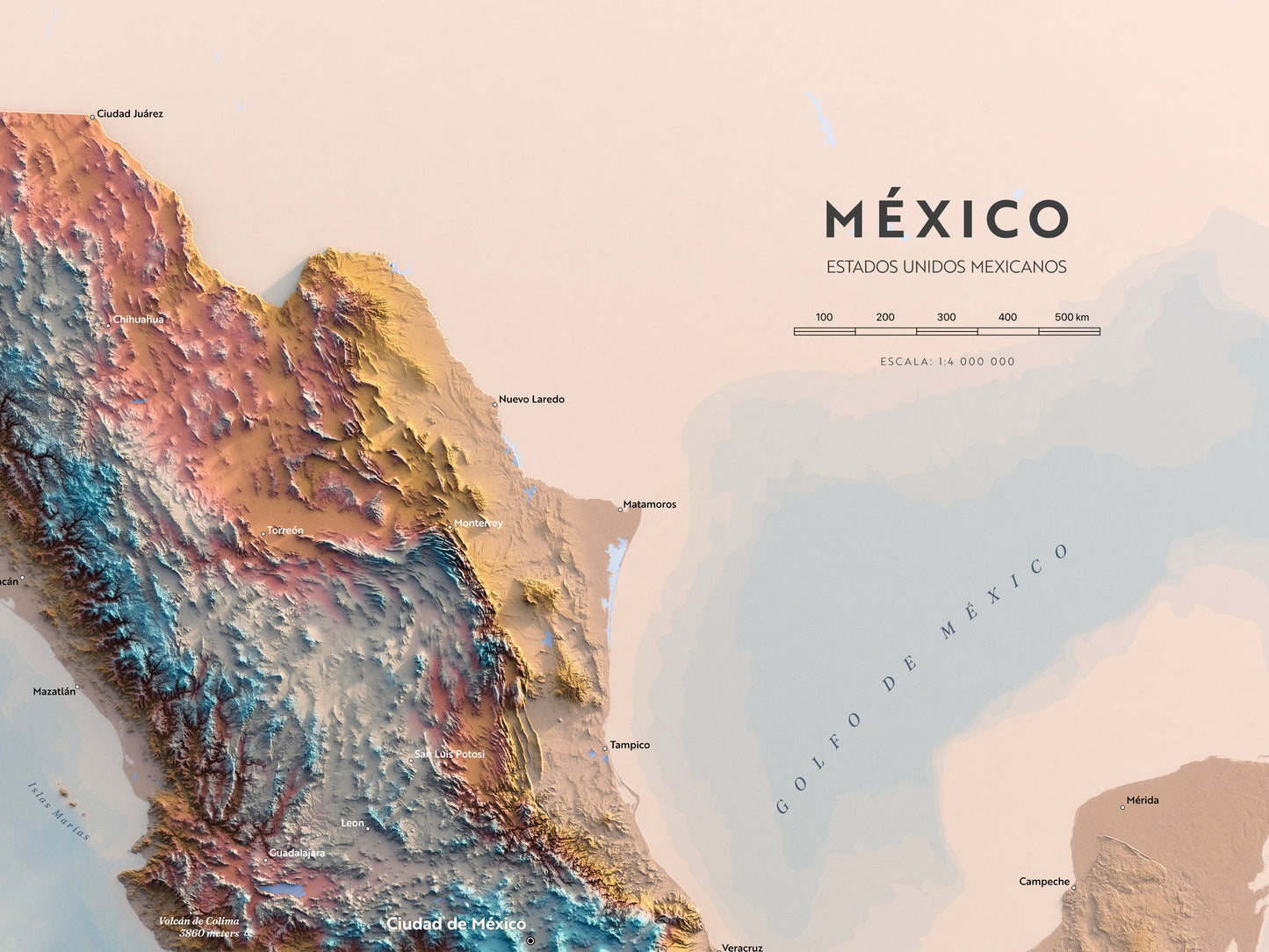 Shaded Relief Map of Mexico