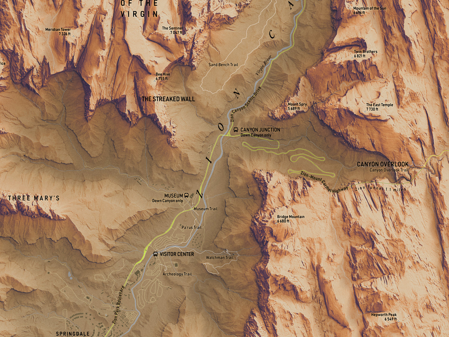 Zion Canyon Map Print – 18x24” Shaded Relief