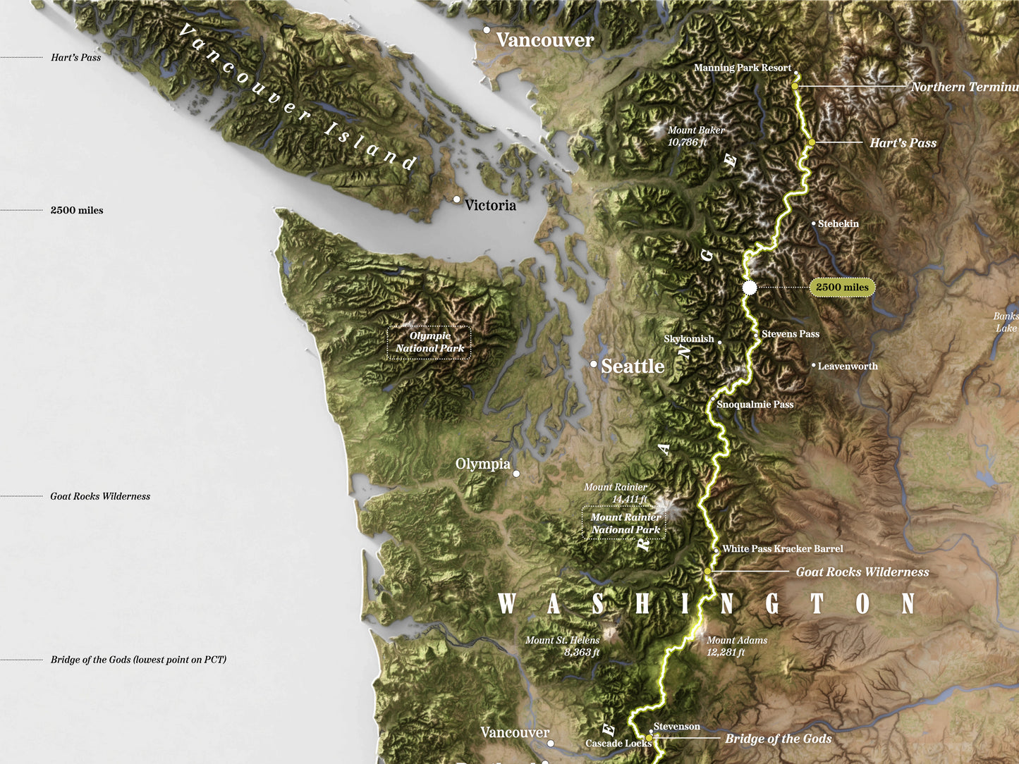 Pacific Crest Trail Map Print – 24x36” Shaded Relief