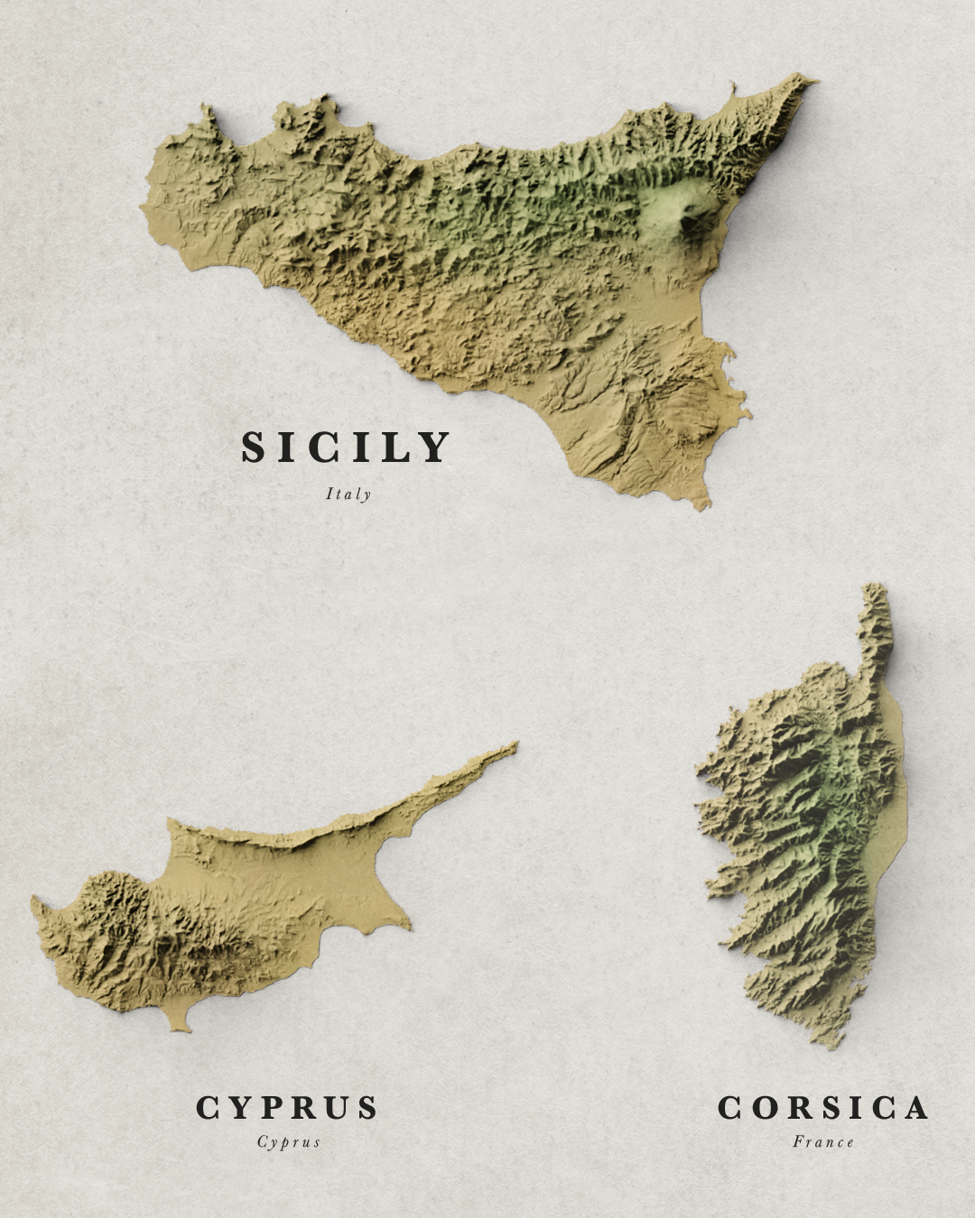Shaded Relief Map of the 30 largest Mediterranean Islands (50x70 cm)