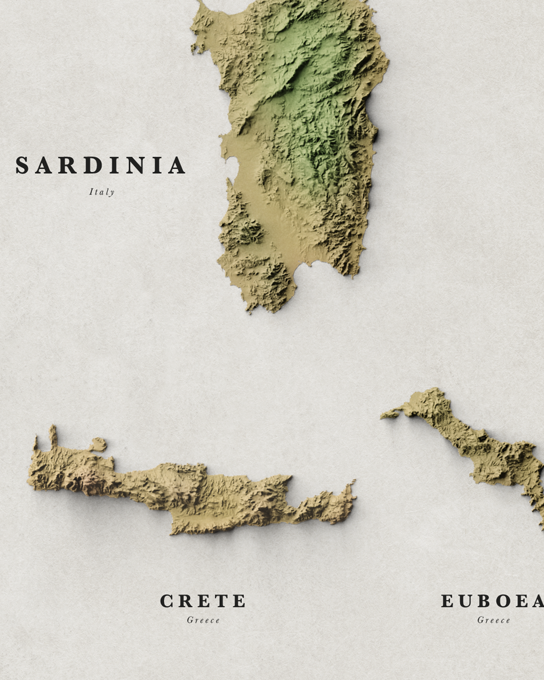 Shaded Relief Map of the 30 largest Mediterranean Islands (50x70 cm)