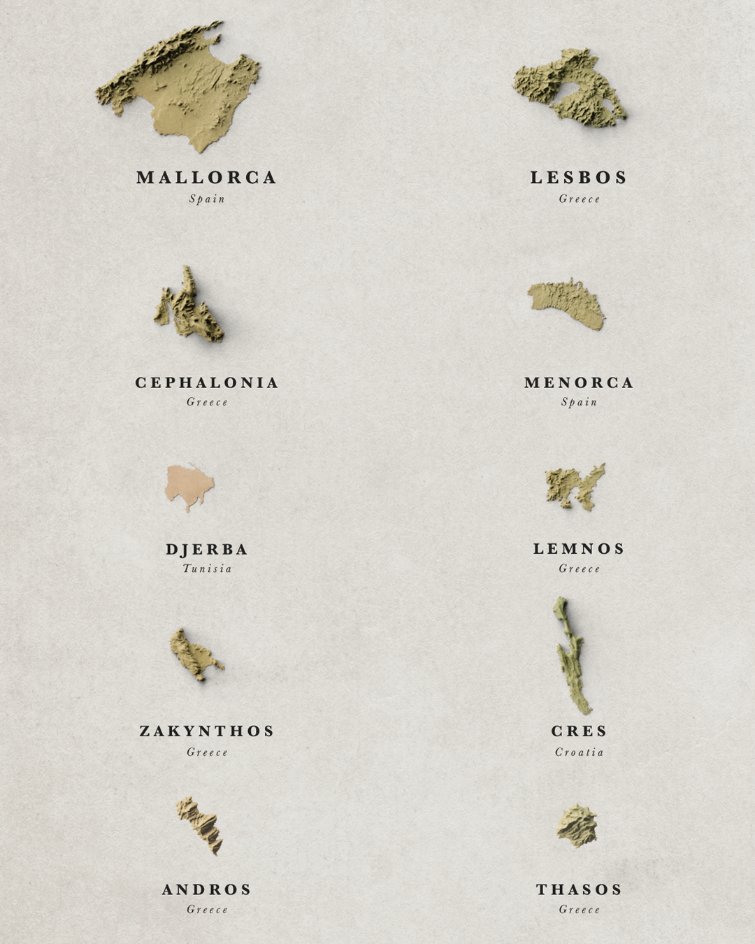 Shaded Relief Map of the 30 largest Mediterranean Islands (50x70 cm)