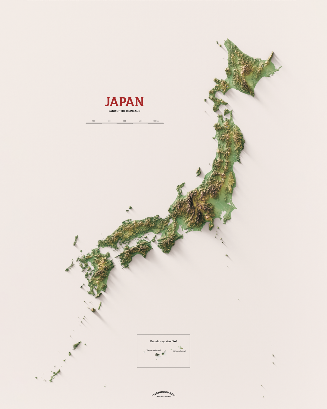 Japan shaded relief map (24x36 inches)