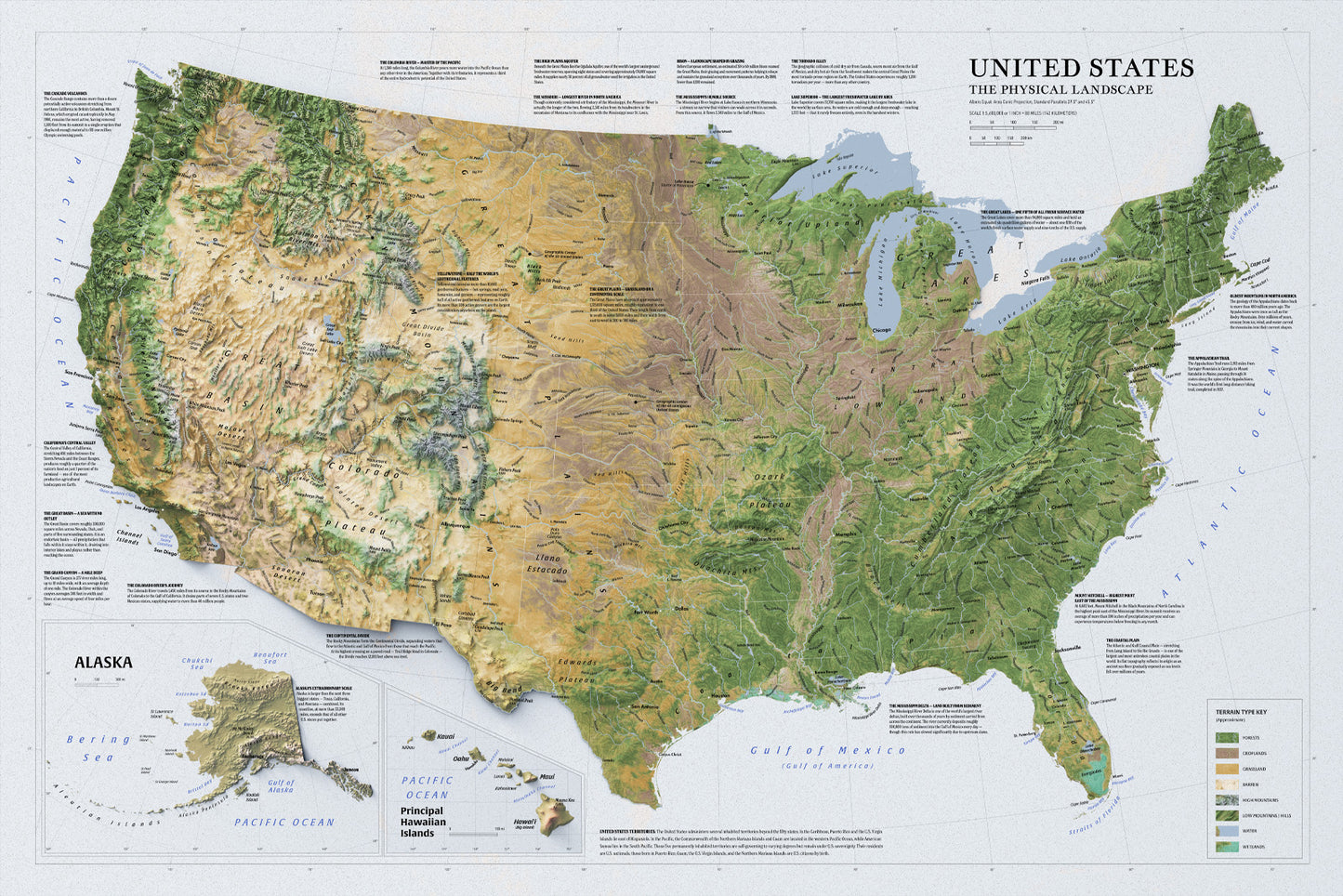 Physical map of the United States (36x24 inches)