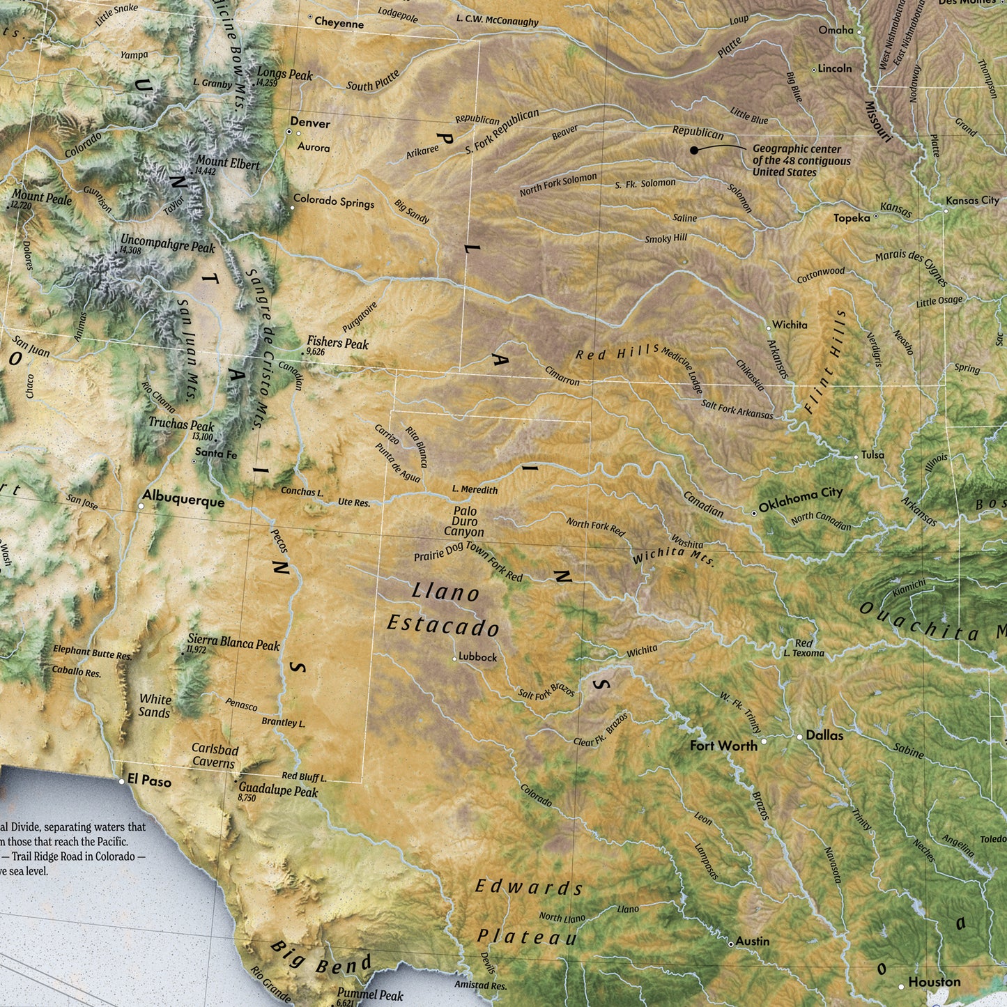 Physical map of the United States (36x24 inches)