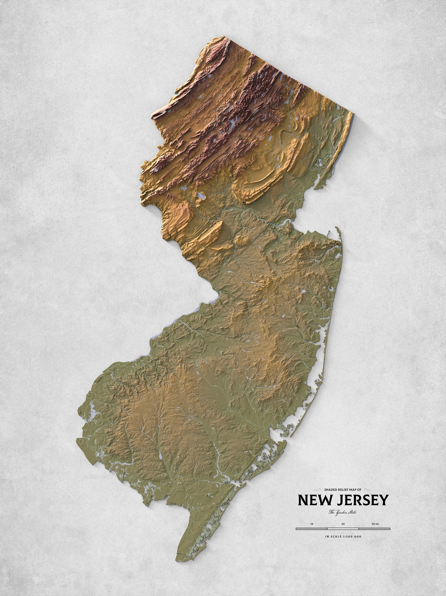 New Jersey - Shaded Relief Map (18x24")
