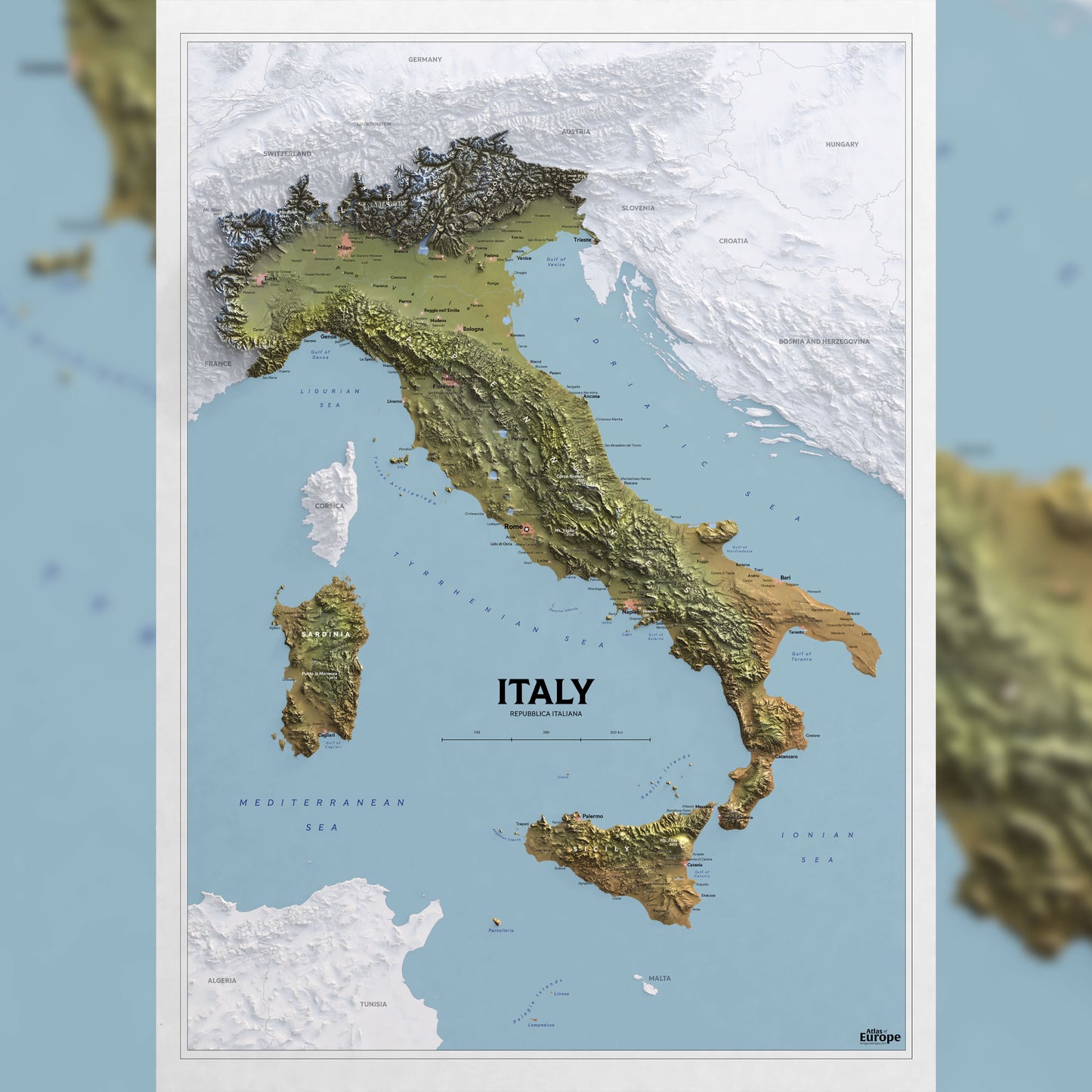 Shaded Relief Map of Italy (50x70 cm)