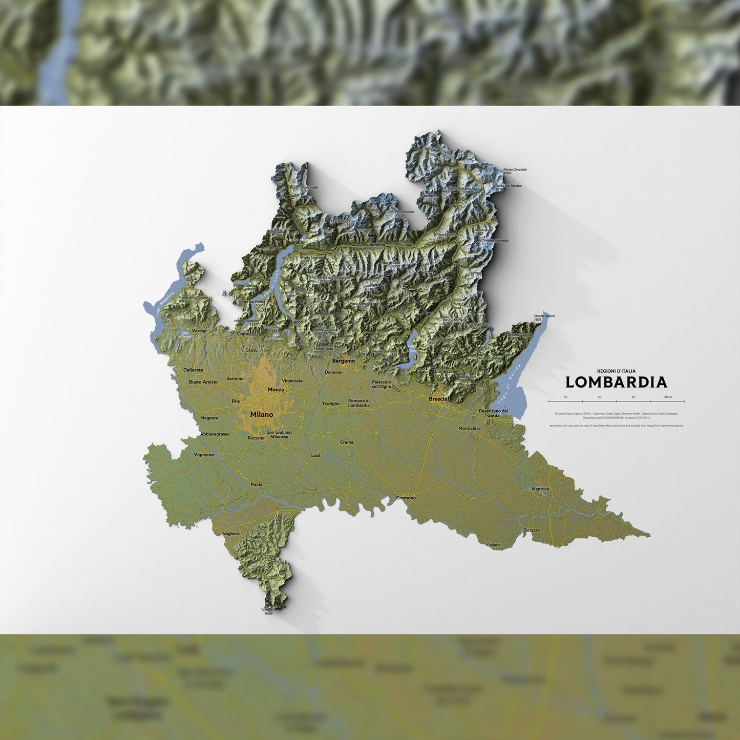 Shaded relief map of Lombardia